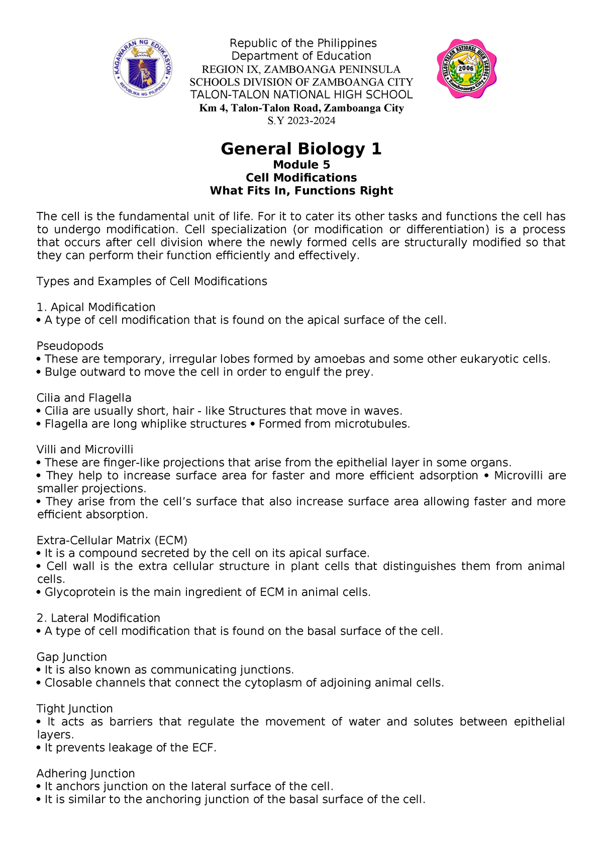 Q1 Module 5 Lecture General Biology Republic Of The Philippines Department Of Education 