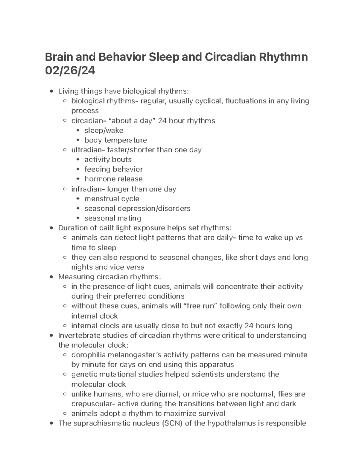 Sleep and Circadian Rhythmn - Brain and Behavior - Studocu