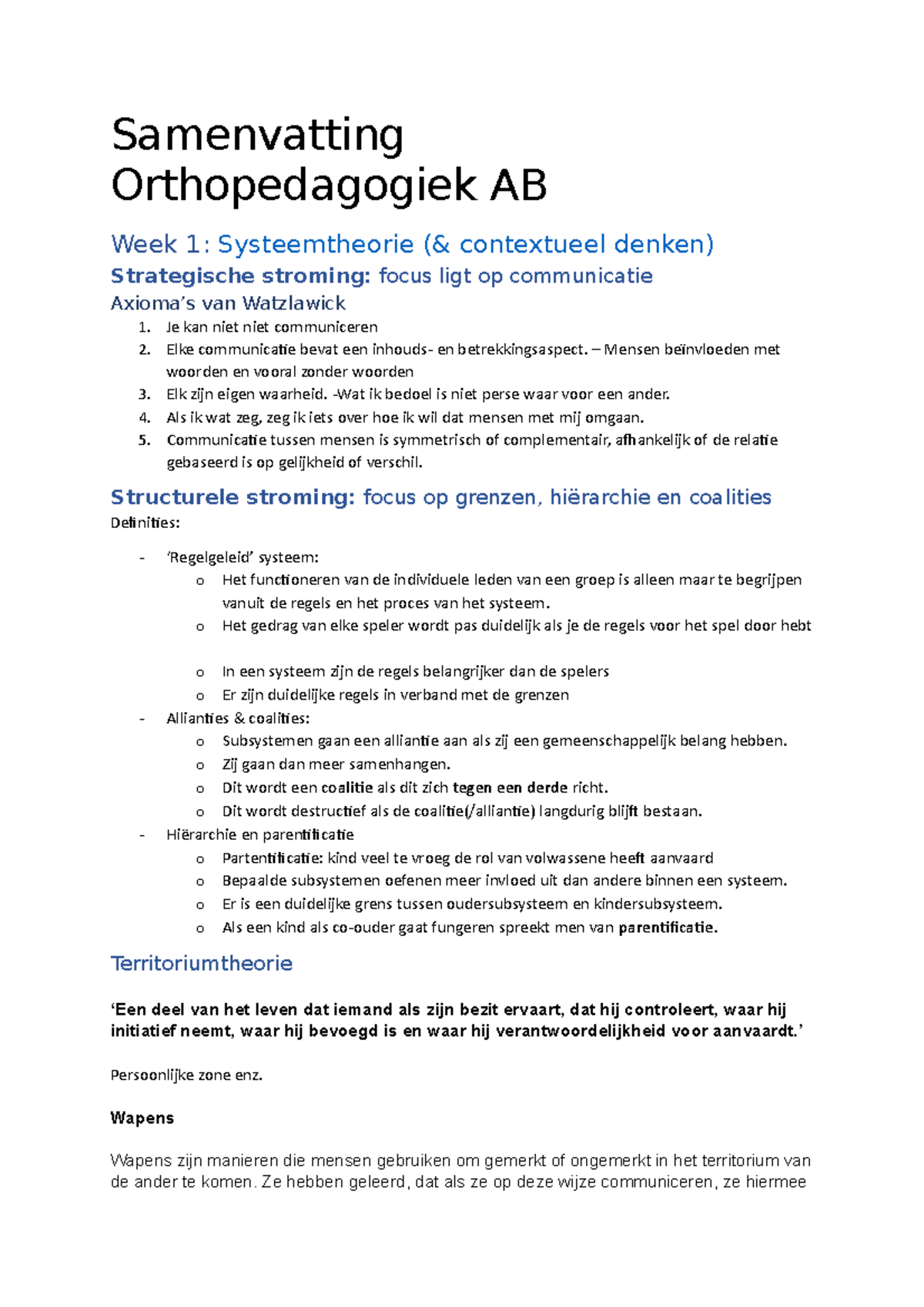 Samenvatting - Samenvatting Orthopedagogiek AB Week 1: Systeemtheorie ...