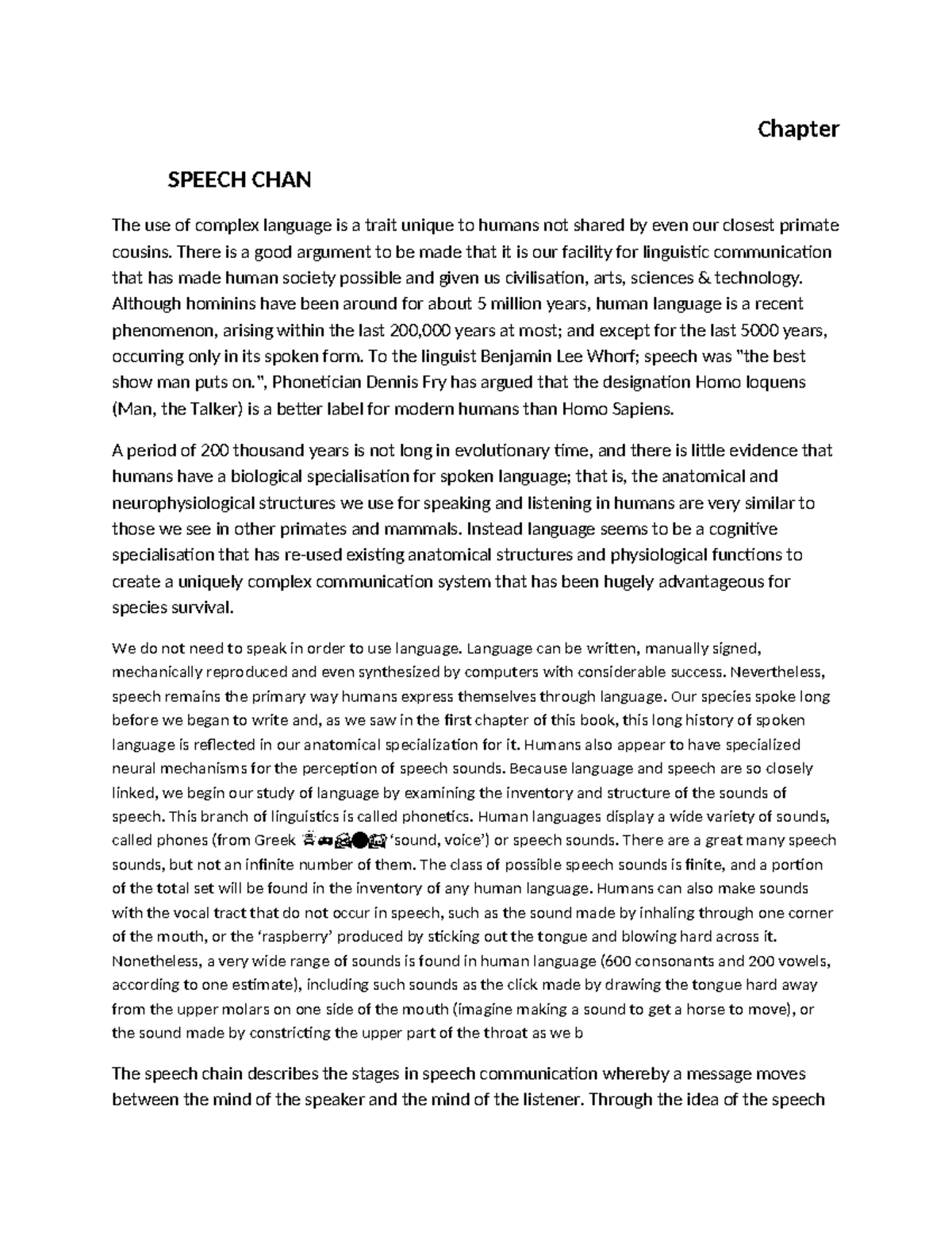 2. Speech chain Chapter SPEECH CHAN The use of complex language is a trait unique to humans