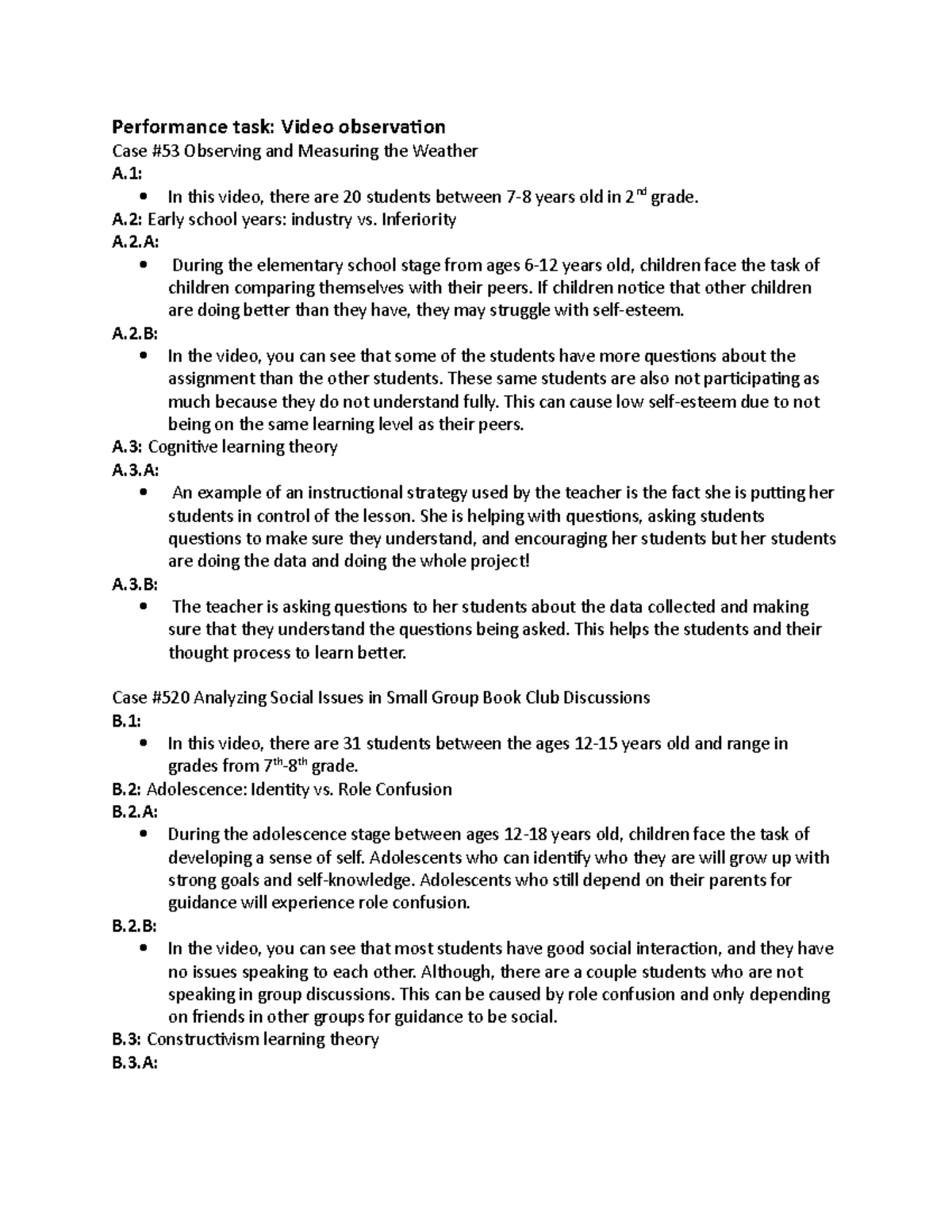 Performance task- Video observation - A: Early school years: industry ...