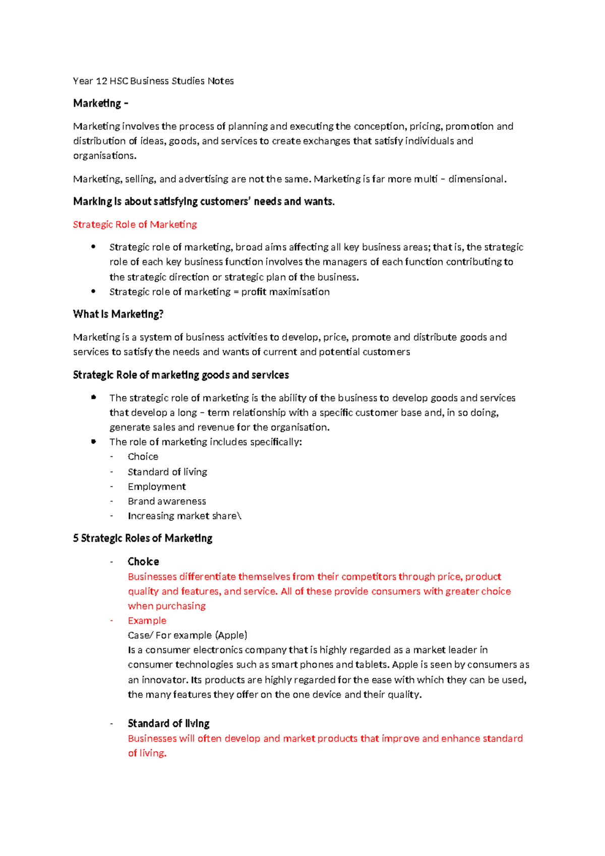 Year 12 HSC Business Studies Notes (Marketing) - Marketing, selling ...