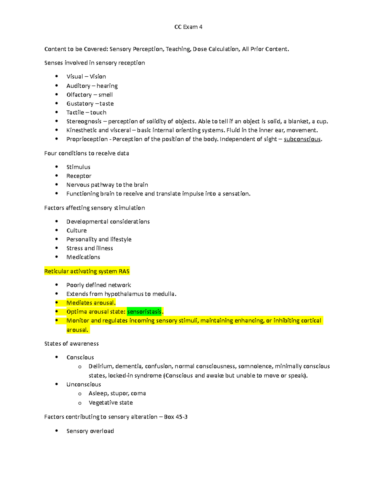 CC 4 exam - lecture notes - Content to be Covered: Sensory Perception ...