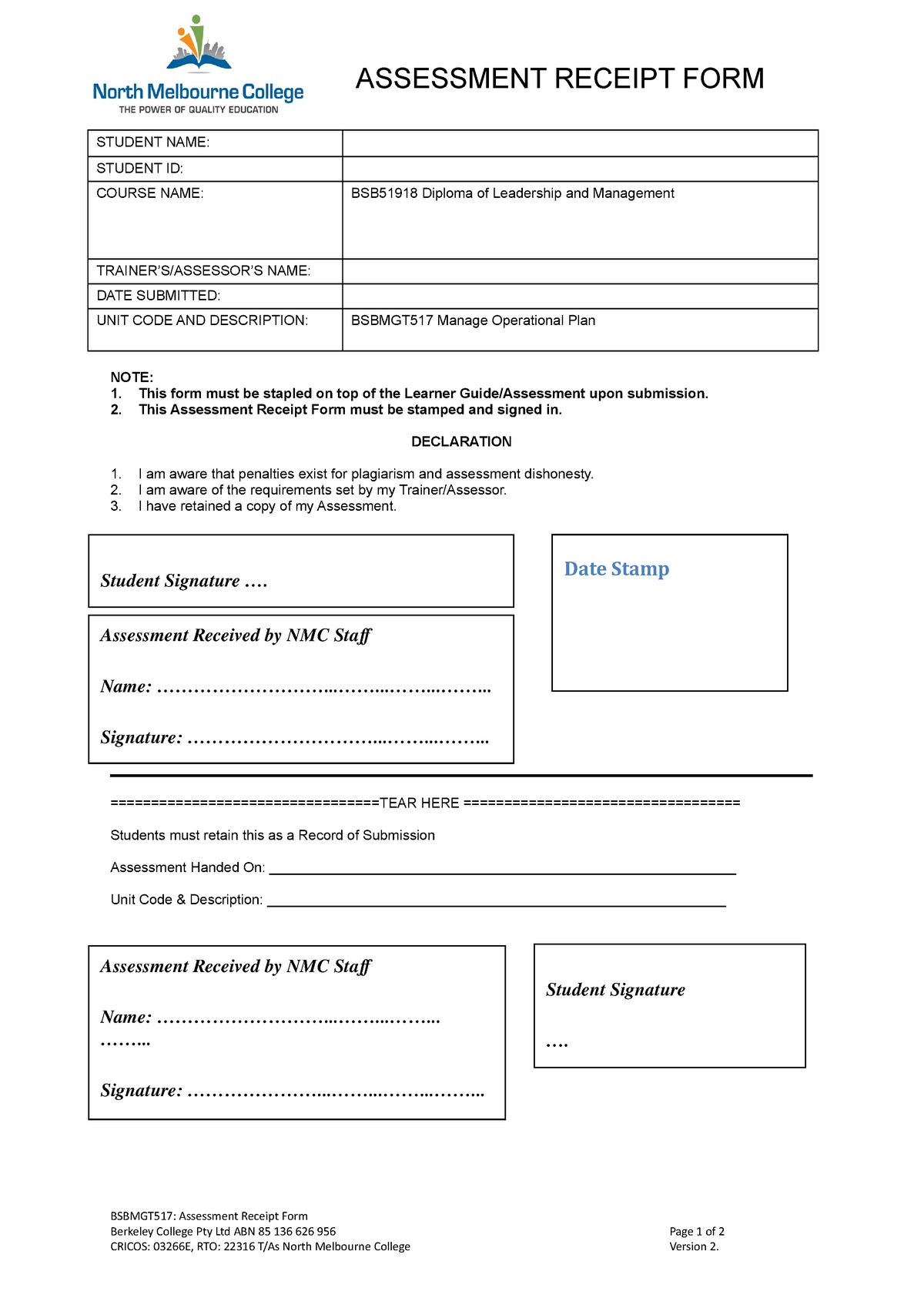 423650679 Manage Operational Plan 1 - ASSESSMENT RECEIPT FORM STUDENT ...