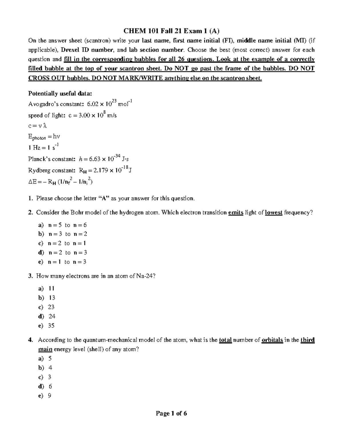 Chem 101 Fall 2021 Exam I - CHEM 101 - Studocu