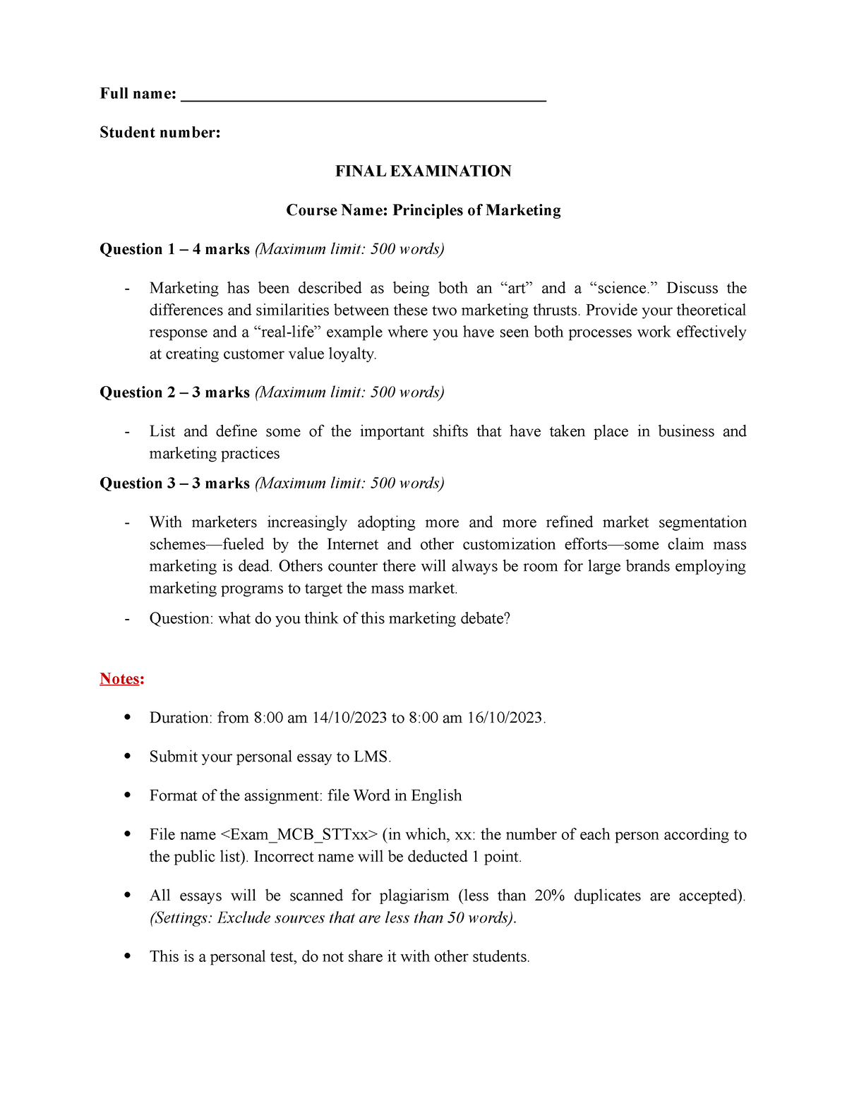 MCB Final Exam Oct 2023 English Full name