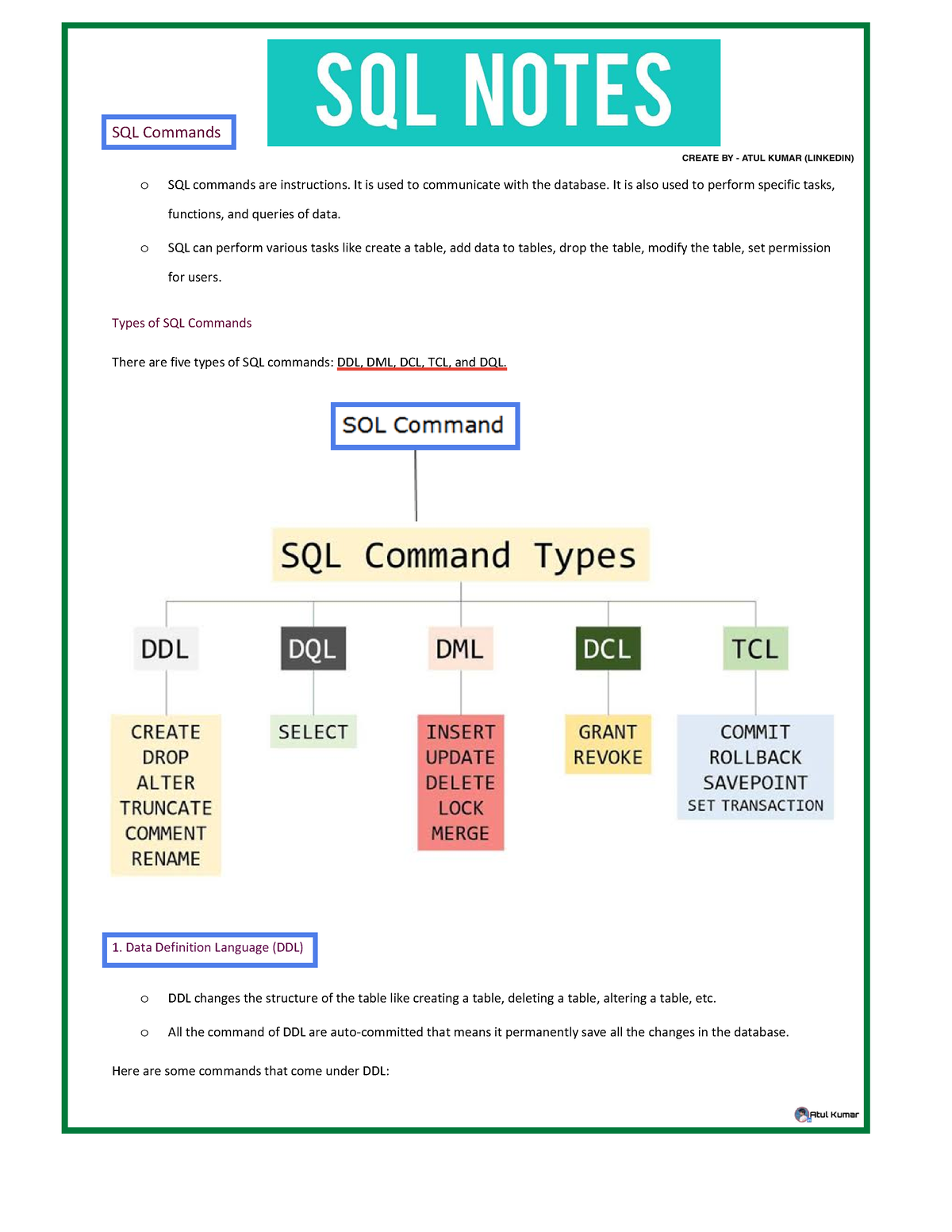 SQL Notes - SQL Commands O SQL Commands Are Instructions. It Is Used To ...