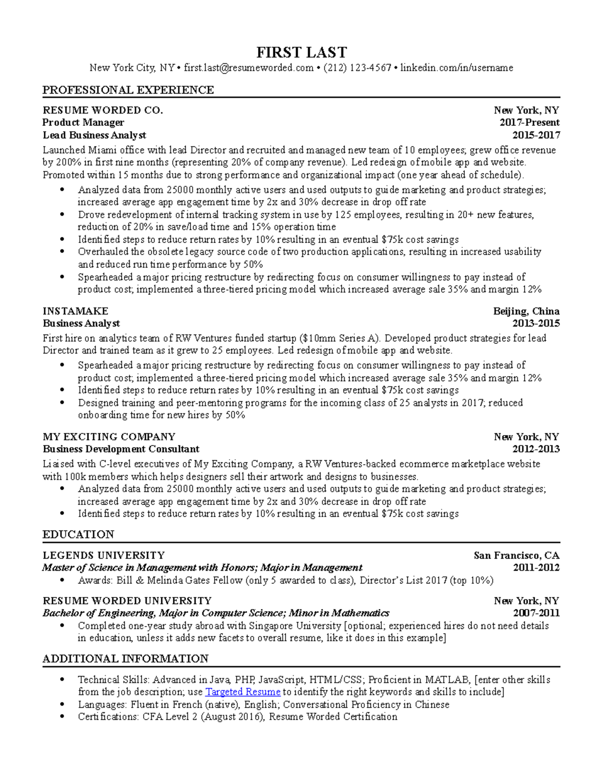 Template CV ATS Friendly 2 - FIRST LAST New York City, NY • first ...