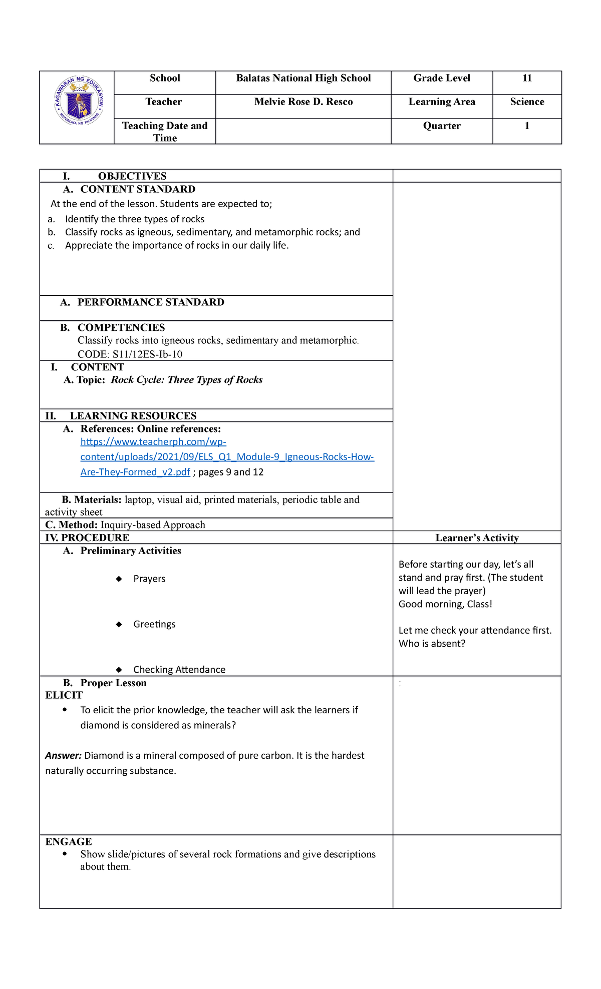 SHS-demo - LESSON PLAN - School Balatas National High School Grade ...