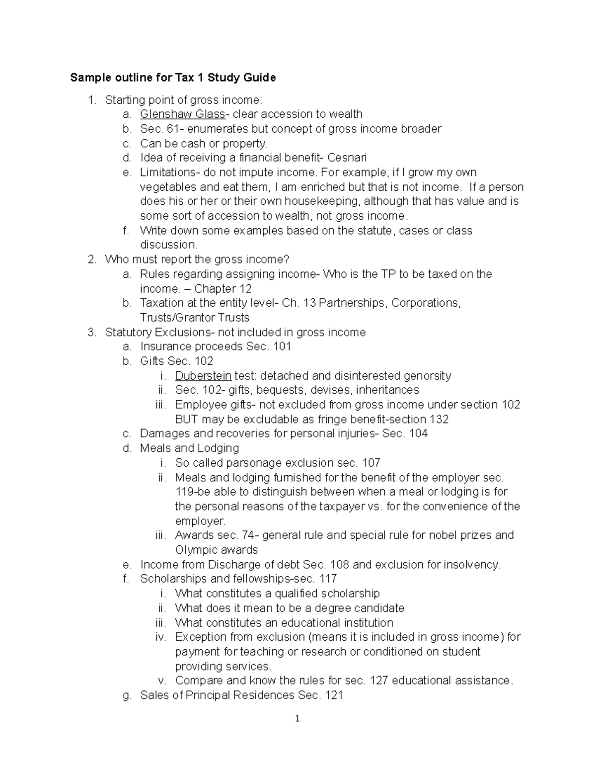 Sample outline for Tax 1 Study Guide - Glenshaw Glass - clear accession ...
