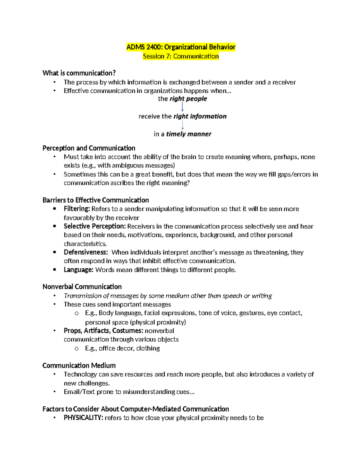 ADMS 2400- Organizational Behavior Session 7- Communication - ADMS 2400 ...