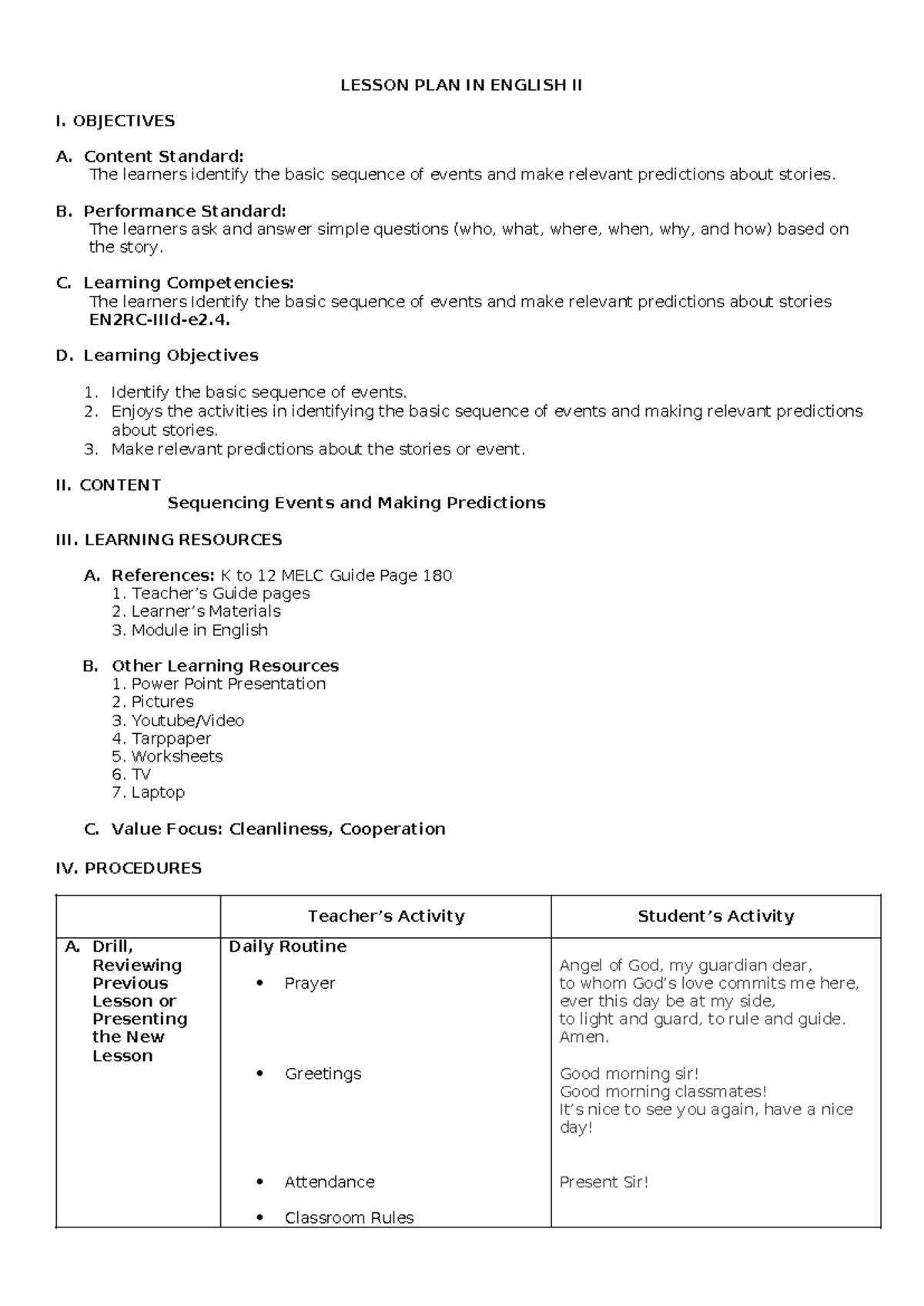 Lesson PLAN IN ENG Il Q2 W8 (Day 1) - LESSON PLAN IN ENGLISH II I ...