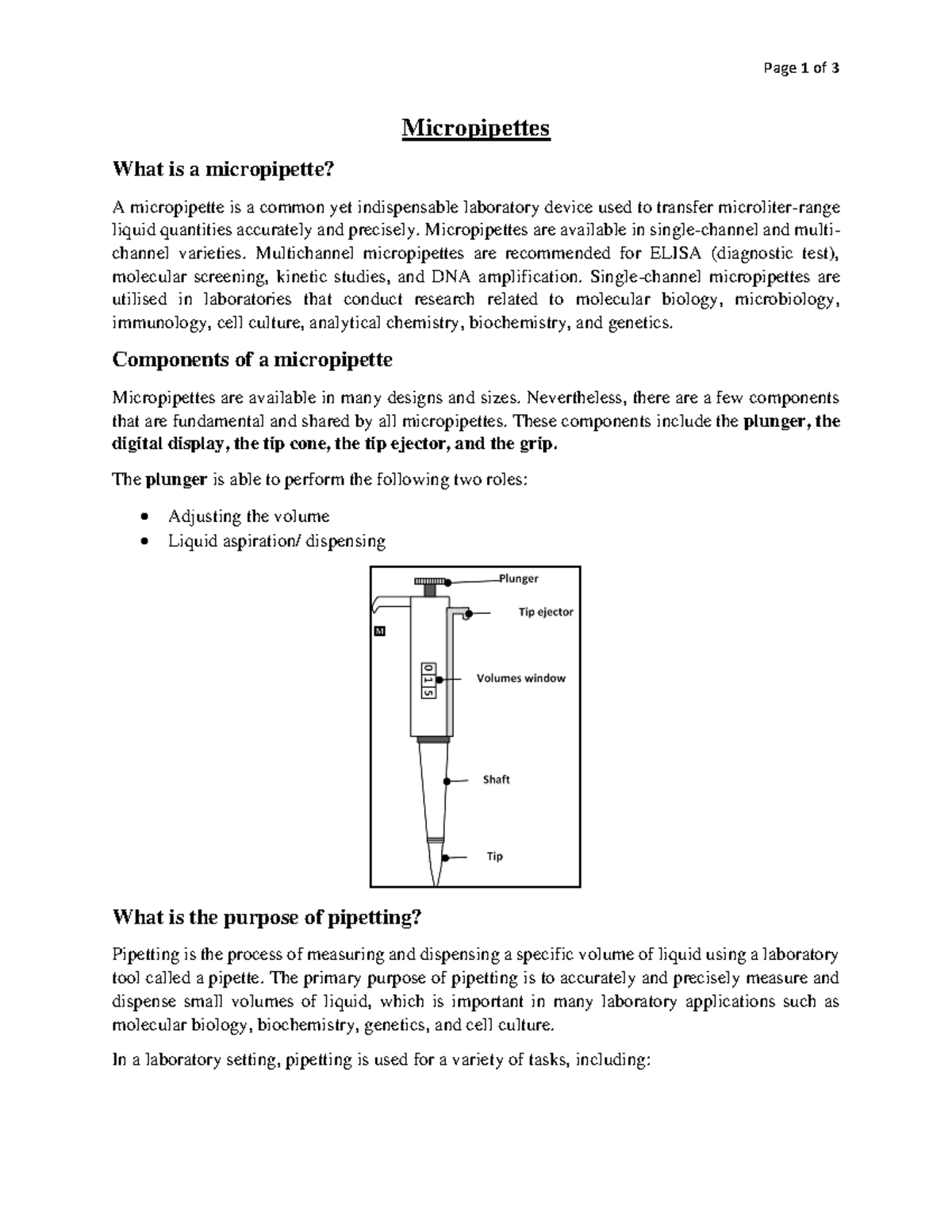 Micropipetting Page 1 of 3 Micropipettes What is a micropipette? A