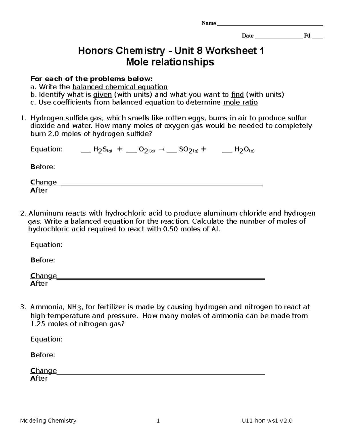 02 Worksheet 1 Intro Mol Ratio - Name Date Pd Honors Chemistry Unit 8  Worksheet 1 Mole relationships - Studocu