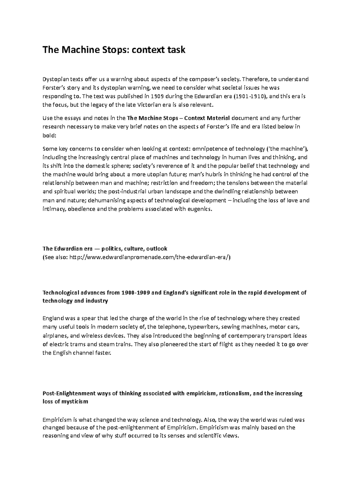 The Machine Stops Context Task The Machine Stops context task