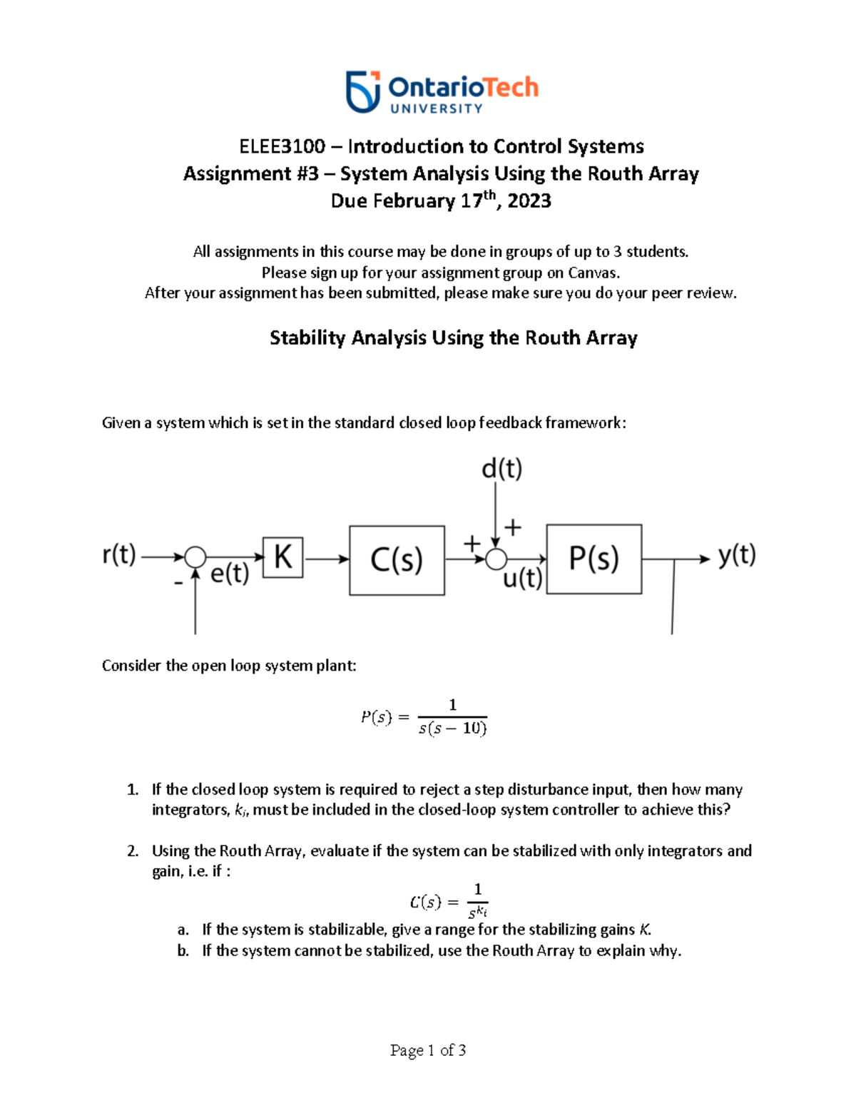 2023-02-17 - Assignment 3 - Routh Array - ELEE3100 – Introduction to ...