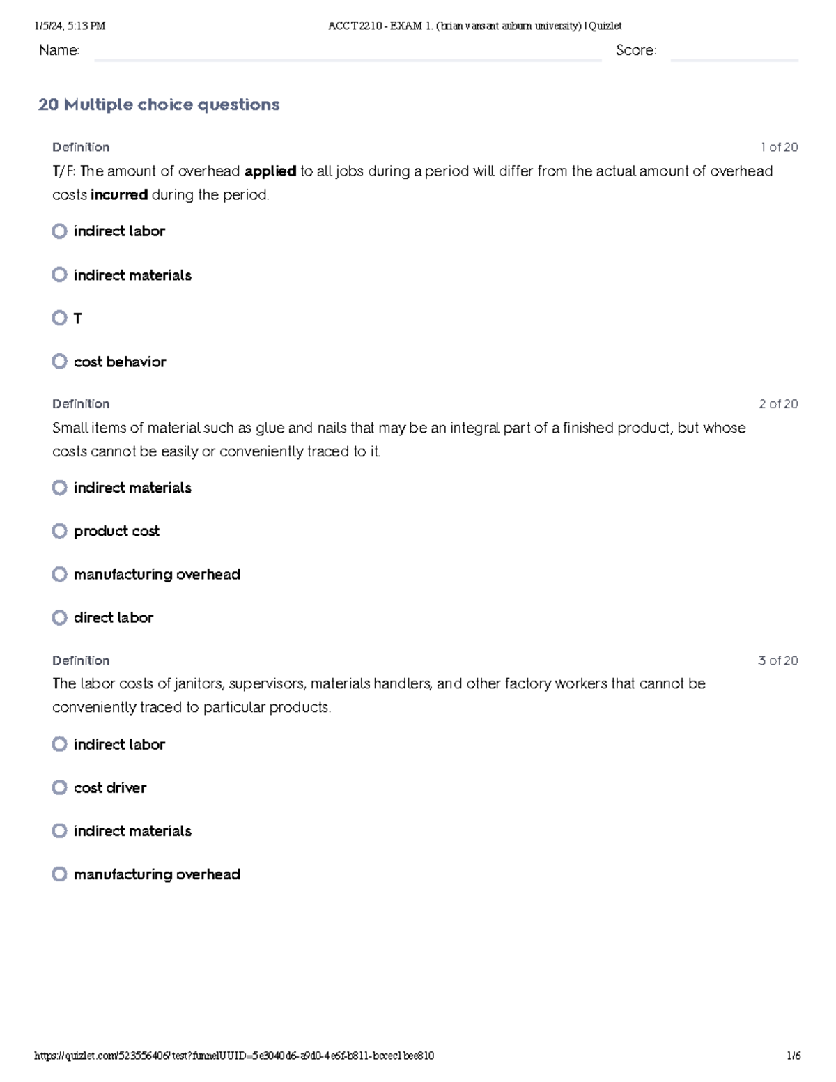 ACCT 2210 EXAM 1. (brian vansant auburn university) Quizlet Name