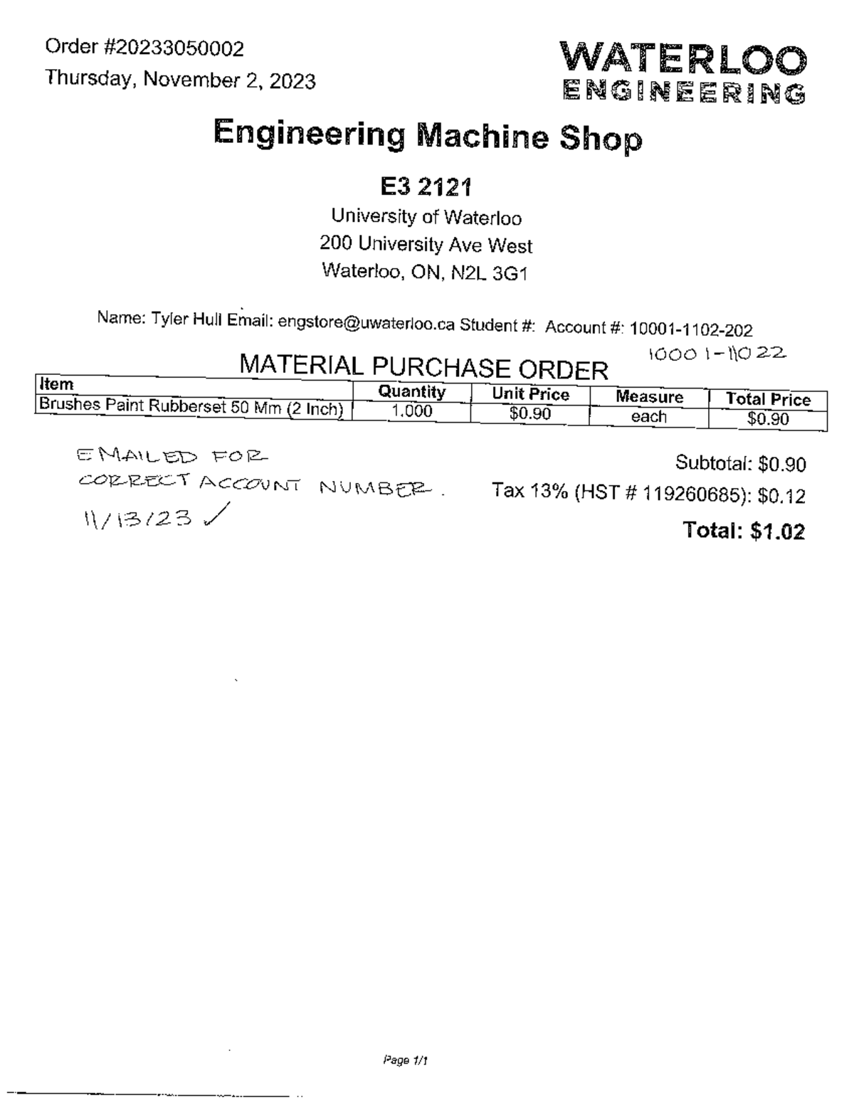 Account #10001 11022 $0 - Order WATERLOO Thursday, November 2, 2023 ...