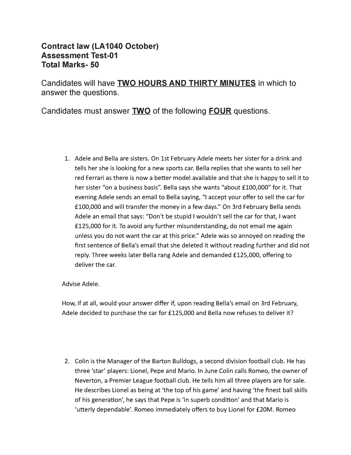 Contract Law (LA1040 ) Asessment Test (Question) - Contract Law (LA1040 ...