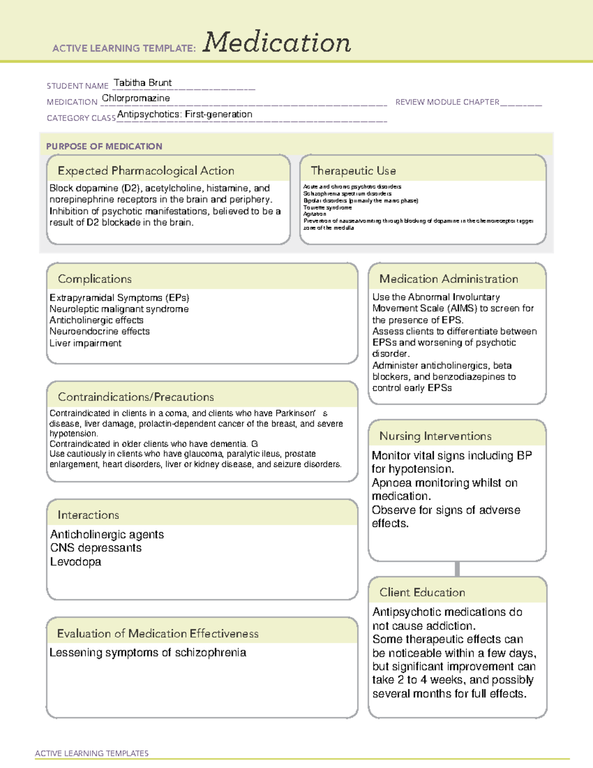 Chlorpromazine ATI ACTIVE LEARNING TEMPLATES Medication STUDENT