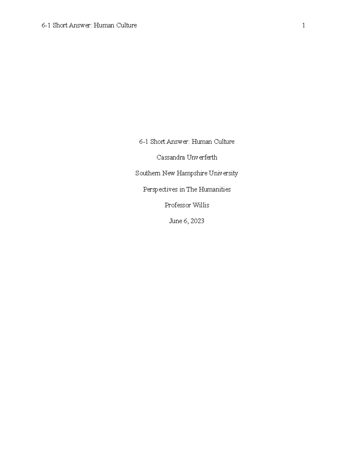 6-1 Short Answer - simple - 6-1 Short Answer: Human Culture 1 6-1 Short ...