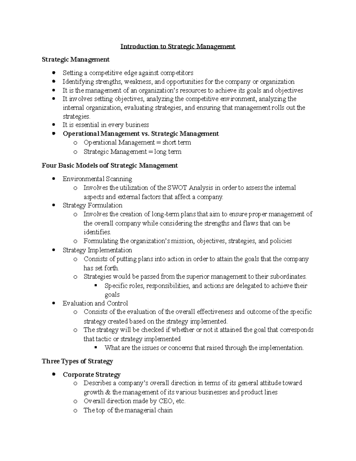 introduction on strategic management essay