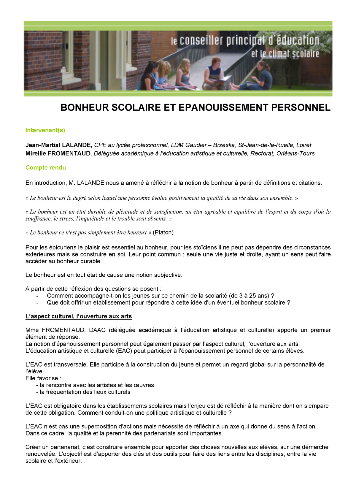 Bonheur Scolaire Et Epanouissement Personnel Studocu