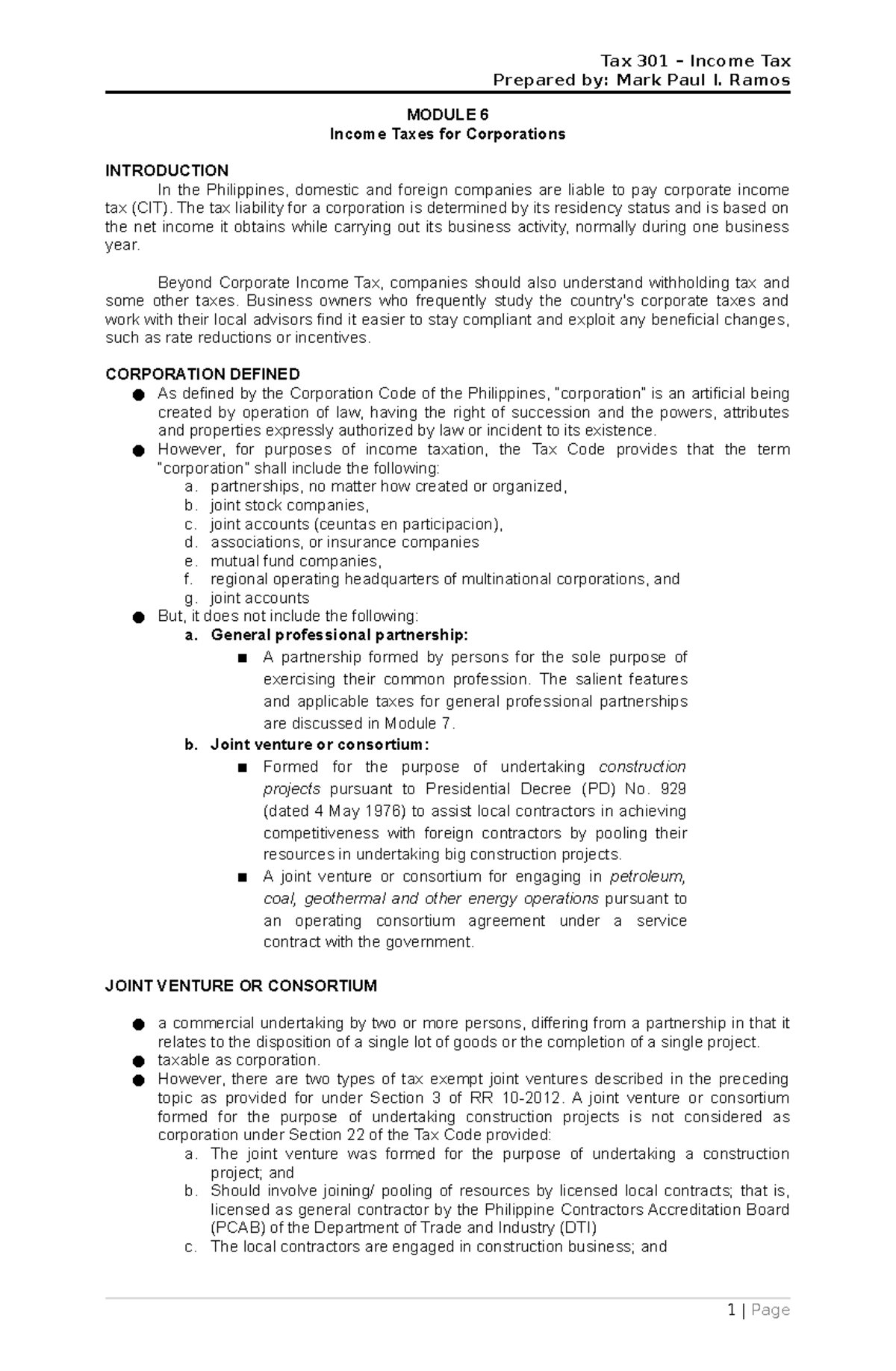 Module 6 Taxes for Corporations Tax 301 Tax Prepared