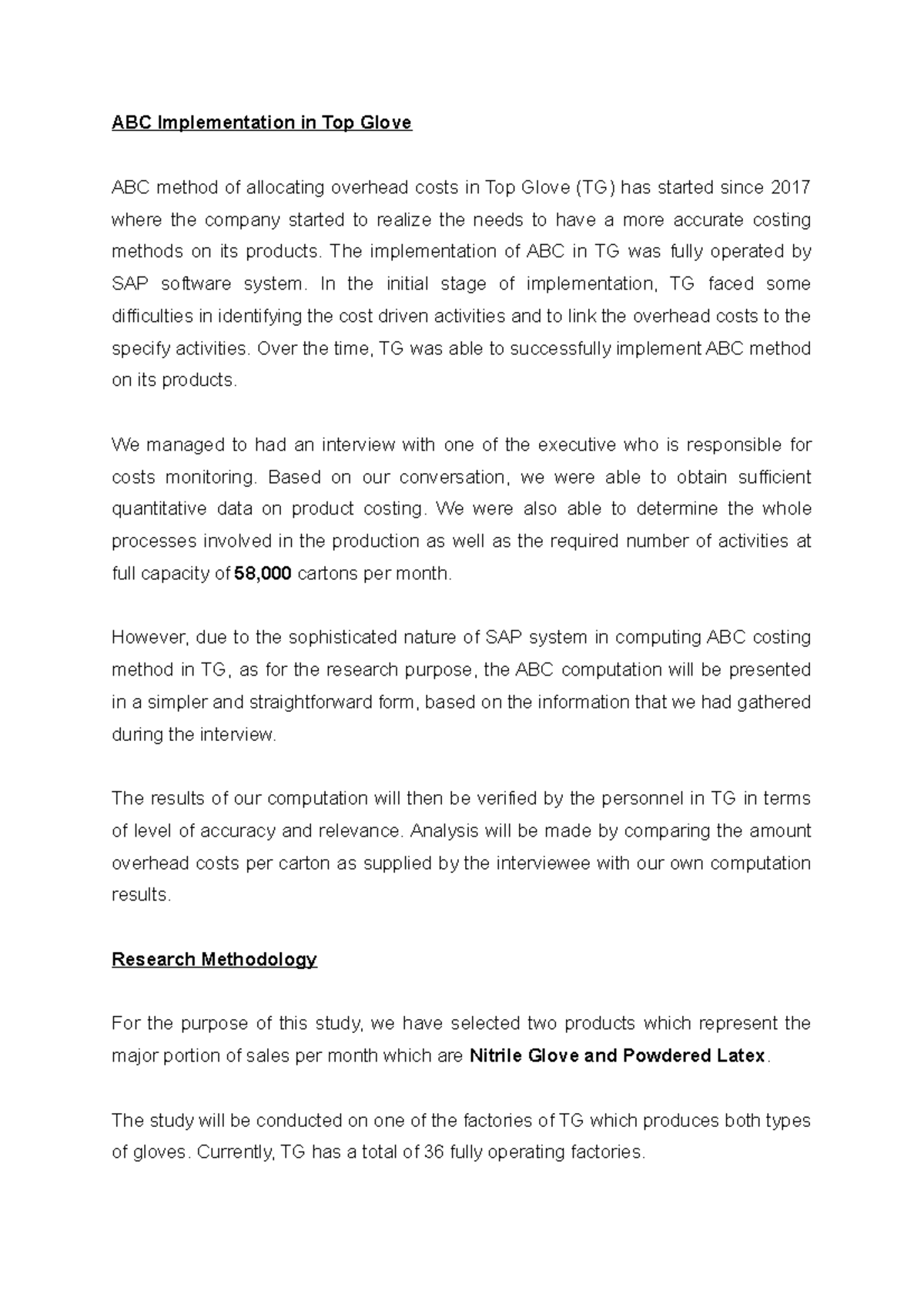 Top Glove ABC Costing ABC Implementation in Top Glove ABC method of