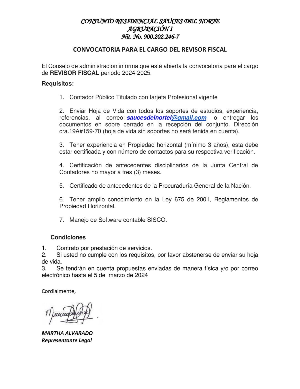 Convocatoria Revisor Fiscal Conjunto Residencial Sauces Del Norte