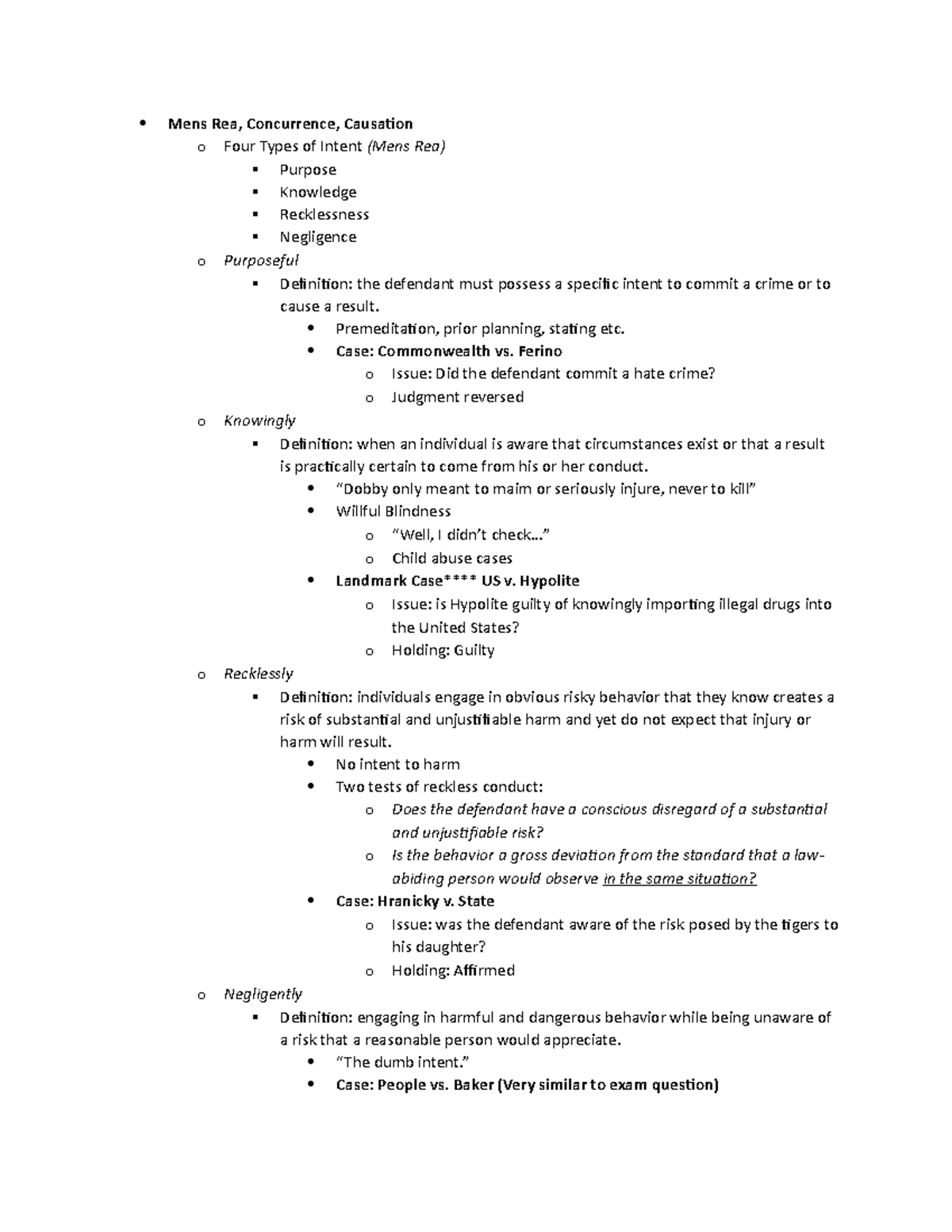 Mens Rea, etc - Supp. notes - Mens Rea, Concurrence, Causation o Four ...