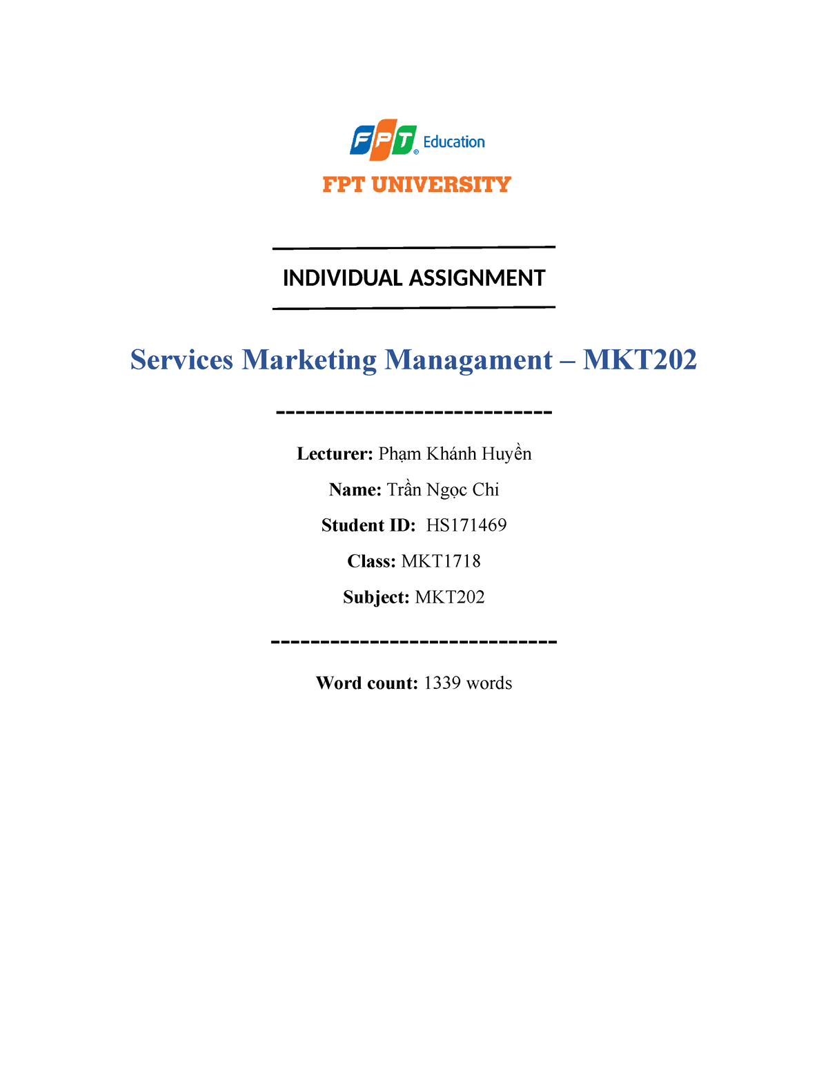 Individual Assignment MKT202 Trần Ngọc Chi - INDIVIDUAL ASSIGNMENT ...