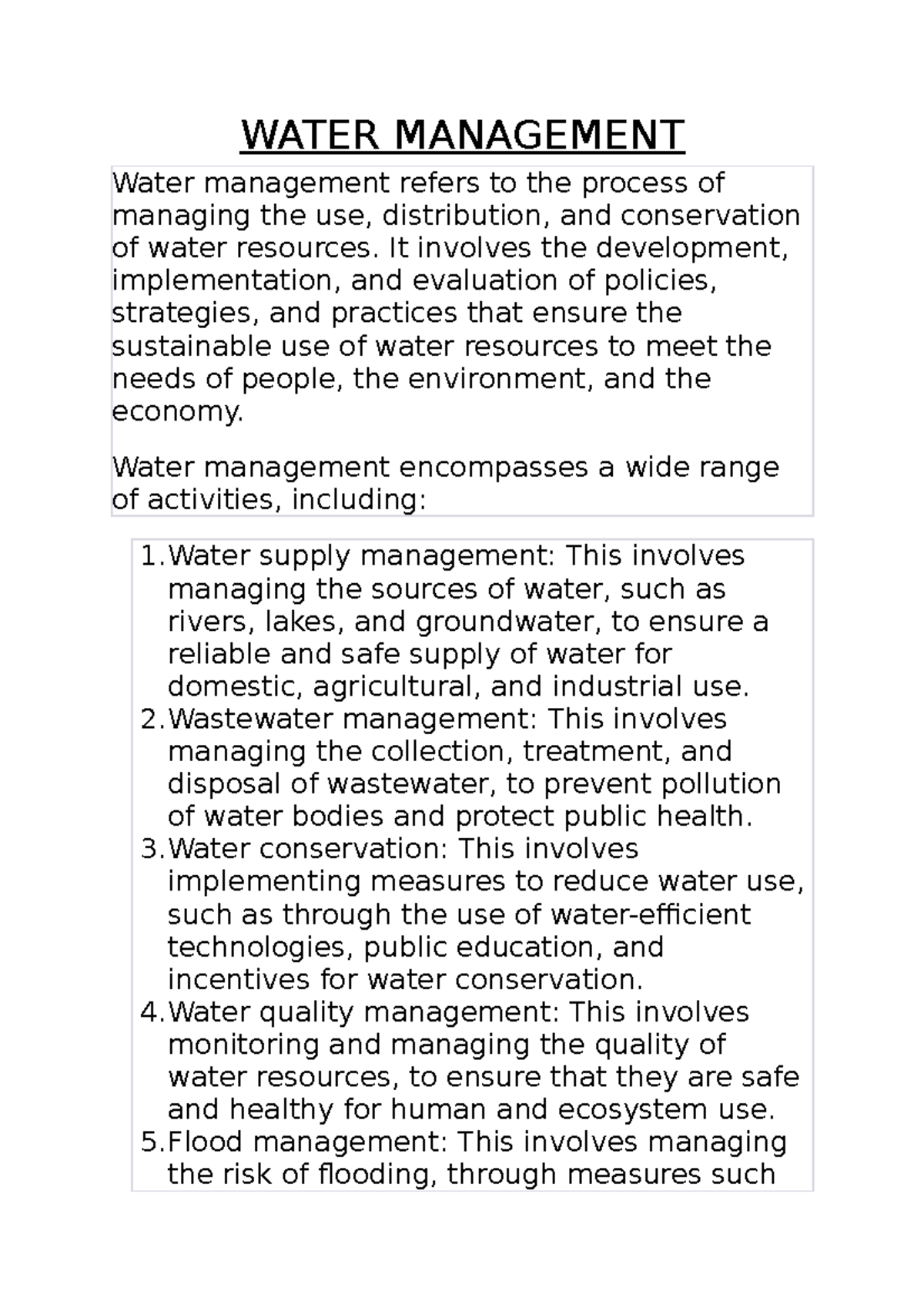 Water Management - WATER MANAGEMENT Water management refers to the ...