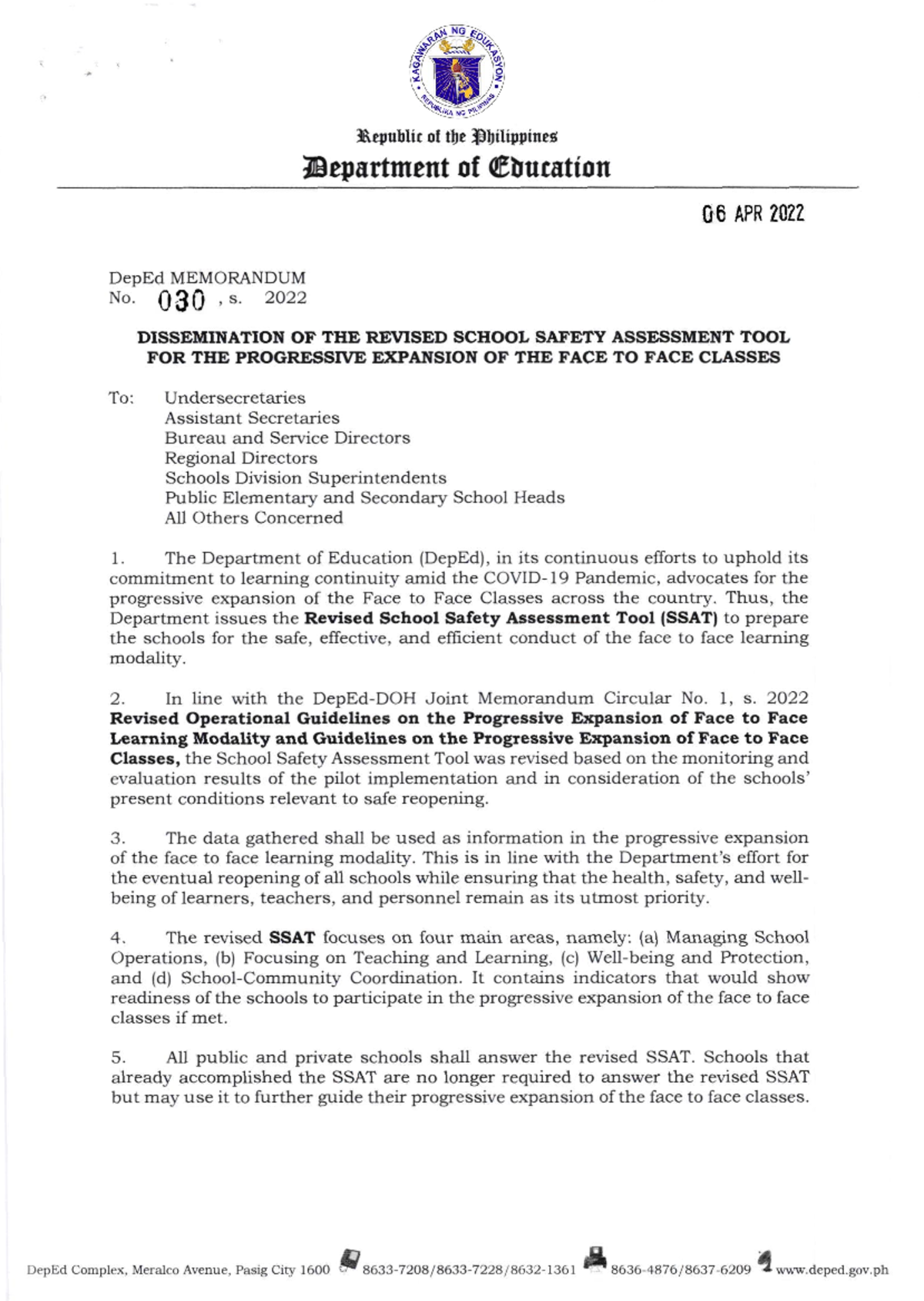 DM s2022 030 School Safety Assessment Tool for Progressive Face-to-face ...