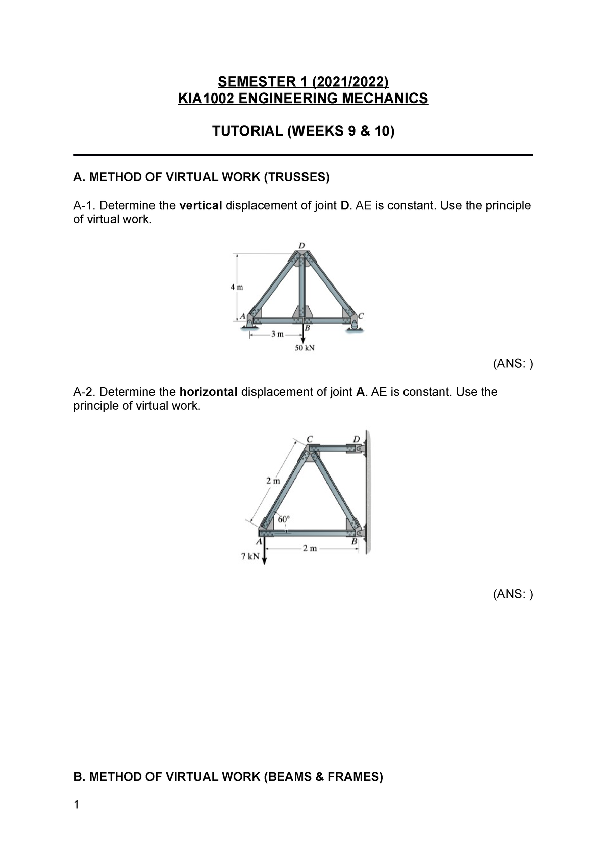 Method Of Virtual Work(Truss,Beam, Frame)Tutorial Questions With Final ...