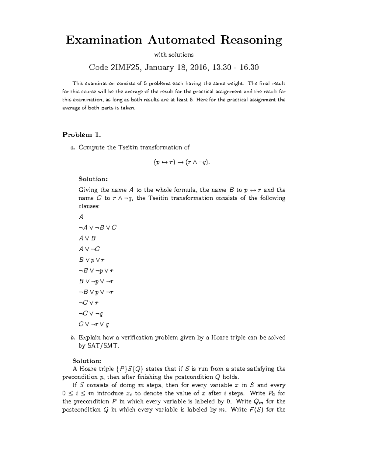 Exam2016 solutions Examination Automated Reasoning with solutions
