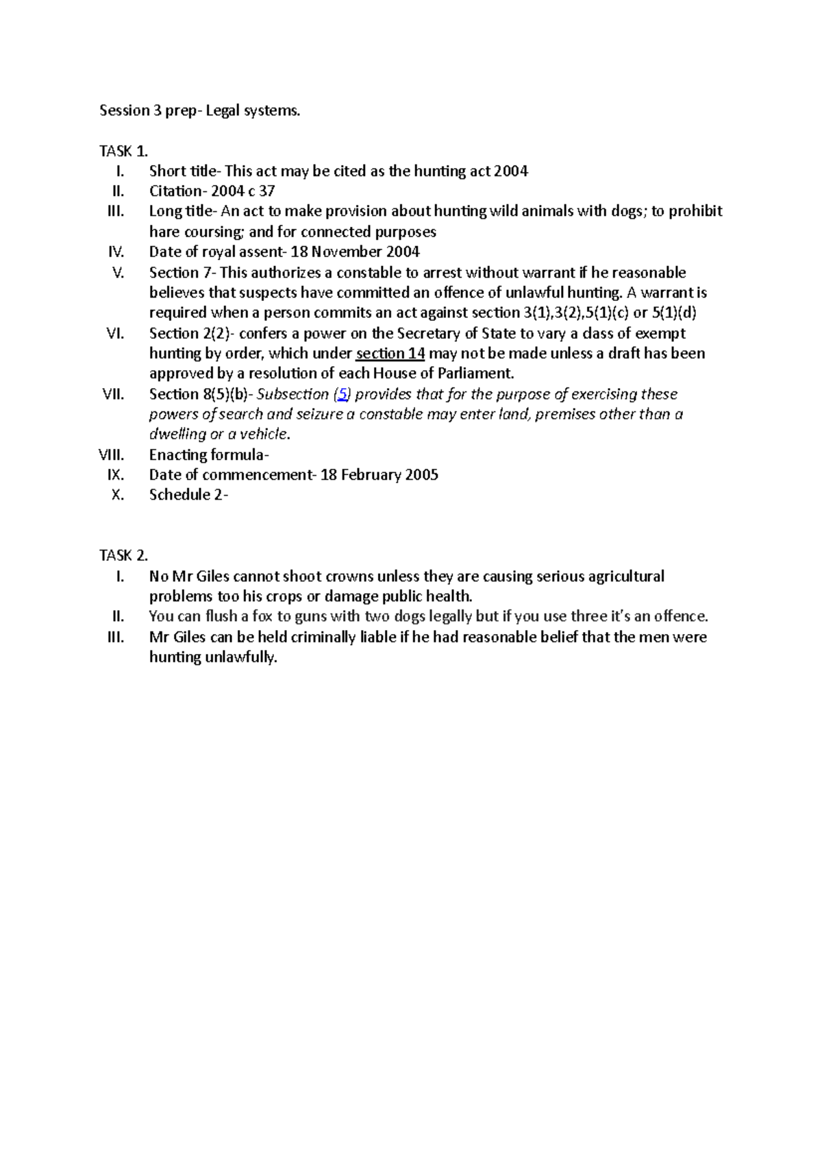 Hunting act 2004 Session 3 prep Legal systems. TASK 1. I. Short itle