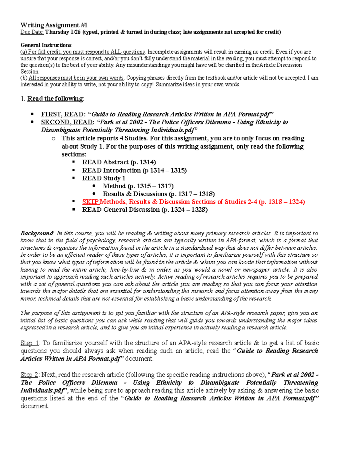 Writing Assignment 1 EP - Writing Assignment # Due Date: Thursday 1/26 ...
