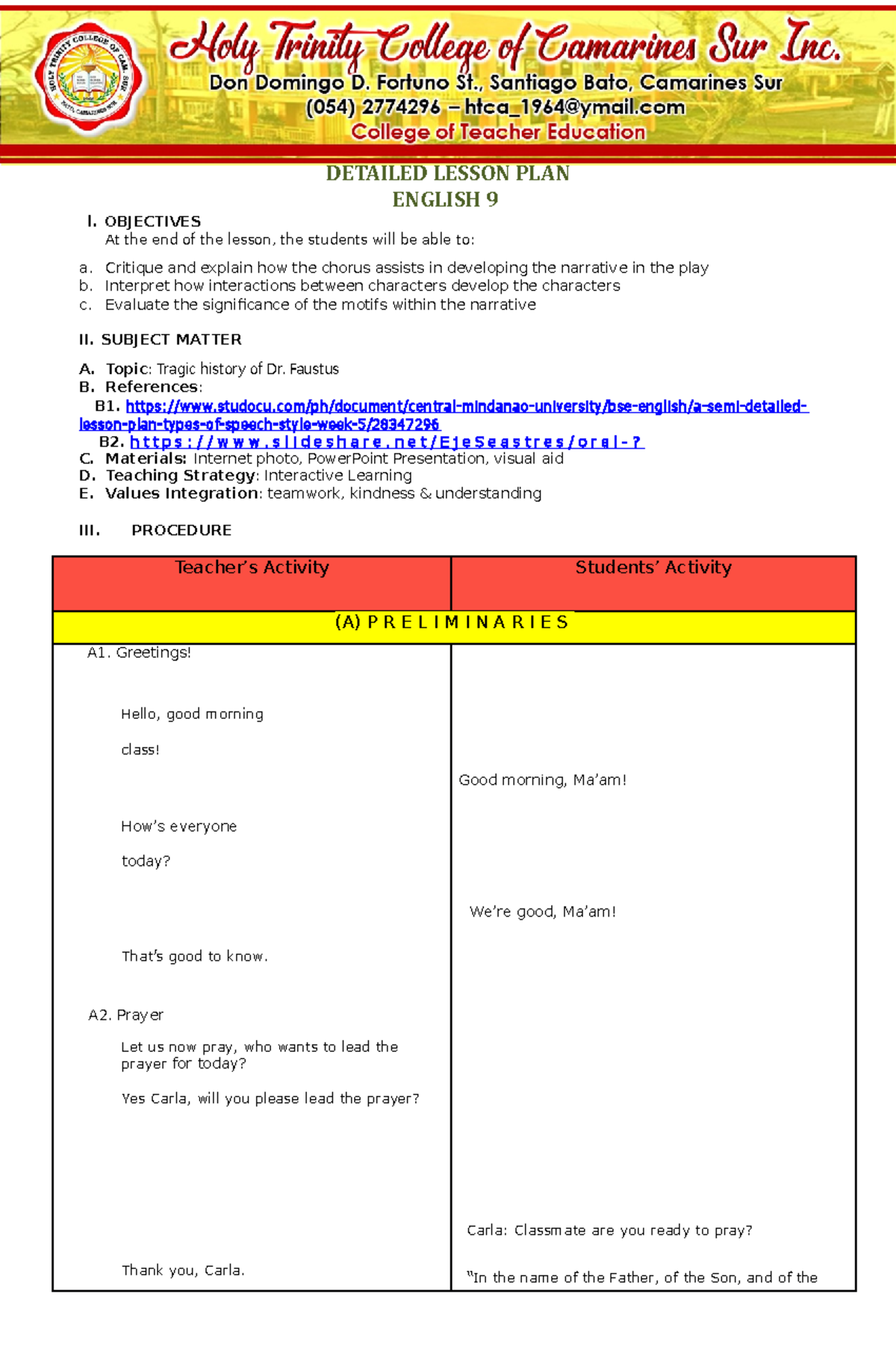 Lesson Plan Irregular Verbs Detailed Lesson Plan English 9 I Objectives At The End Of The 1117