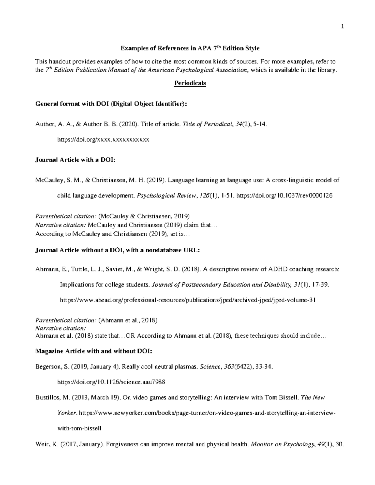 Examples Of References Handout (apa 7th Edition) - Musc 1300 - Nsu 