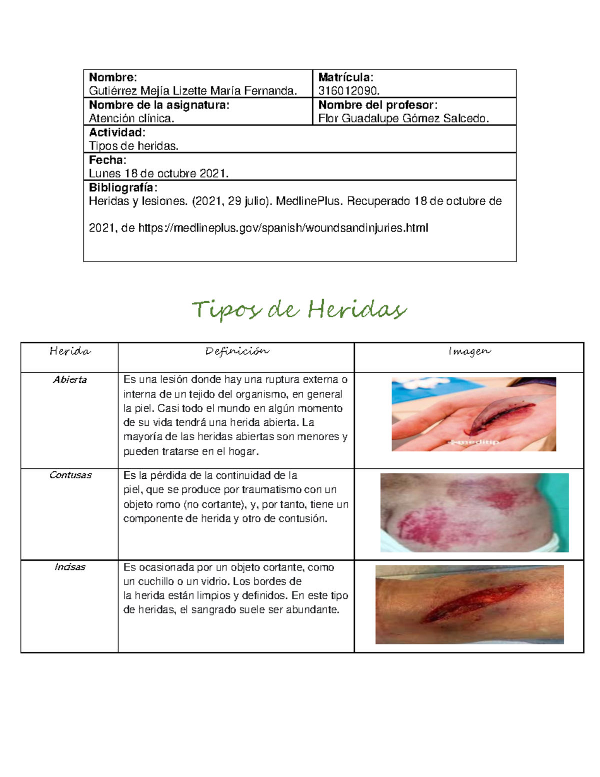 Tipos De Heridas Actividades Escenciales Para Aprender - Nombre ...