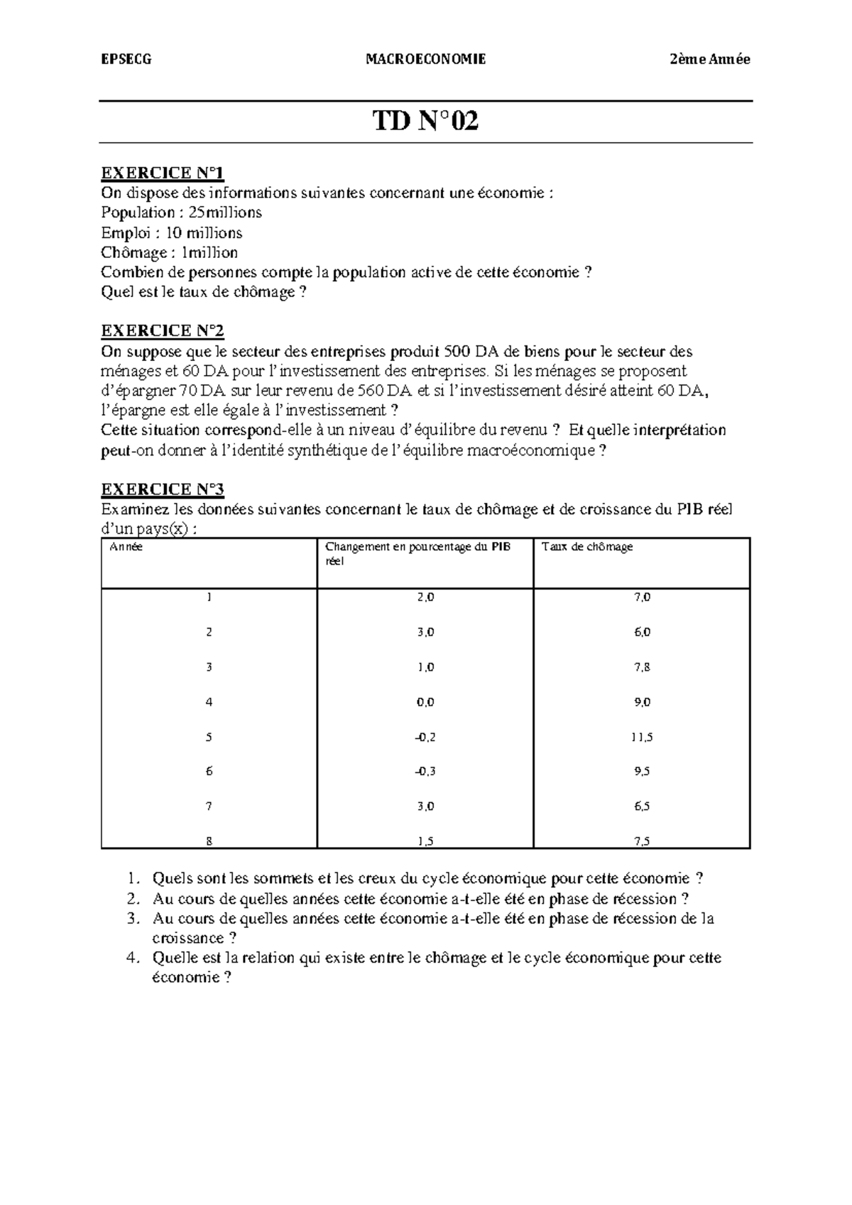 Td2 - Bon Courage - EPSECG MACROECONOMIE 2ème Année TD N° EXERCICE N ...