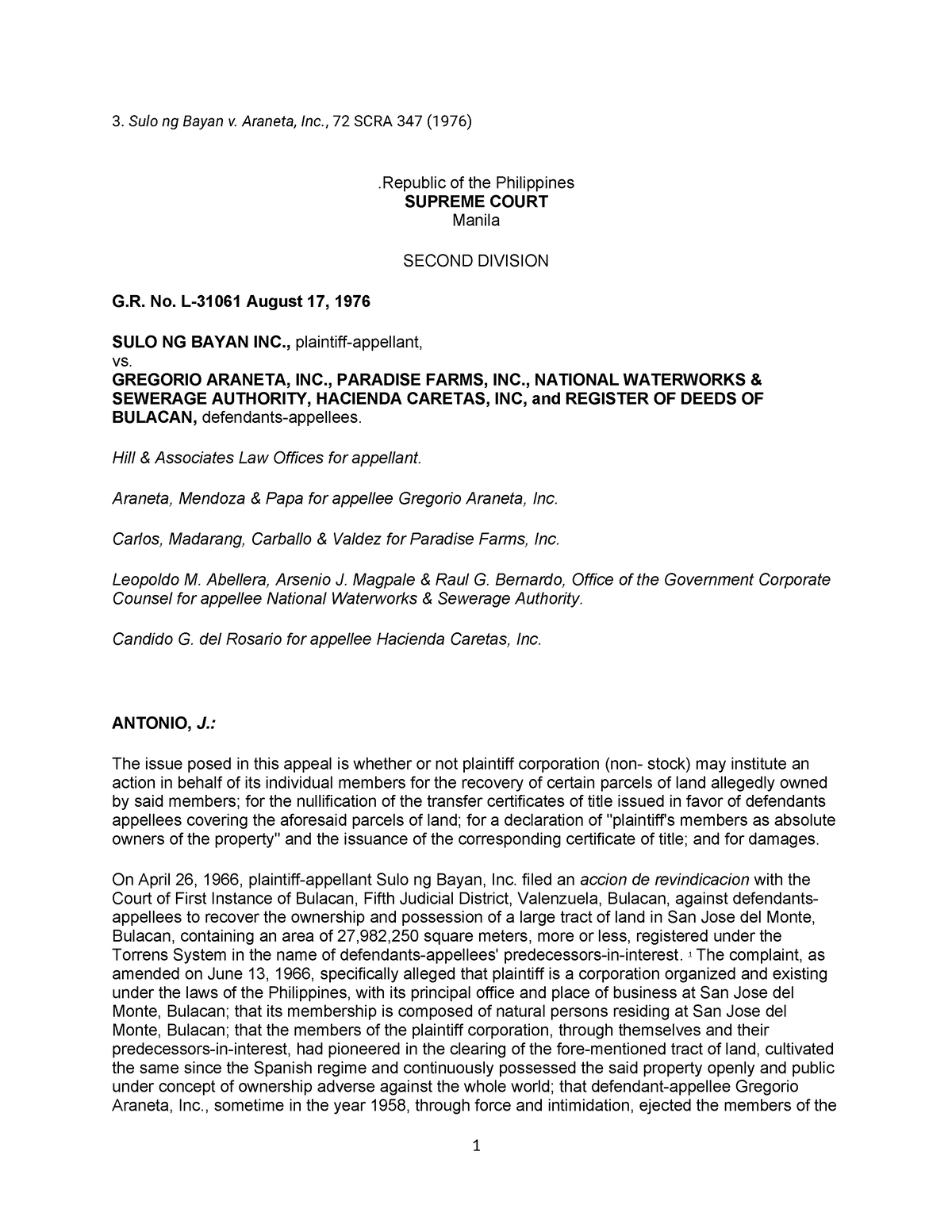 Sulo ng Bayan v. Araneta, Inc., 72 SCRA 347 (1976) - 3. Sulo ng Bayan v ...