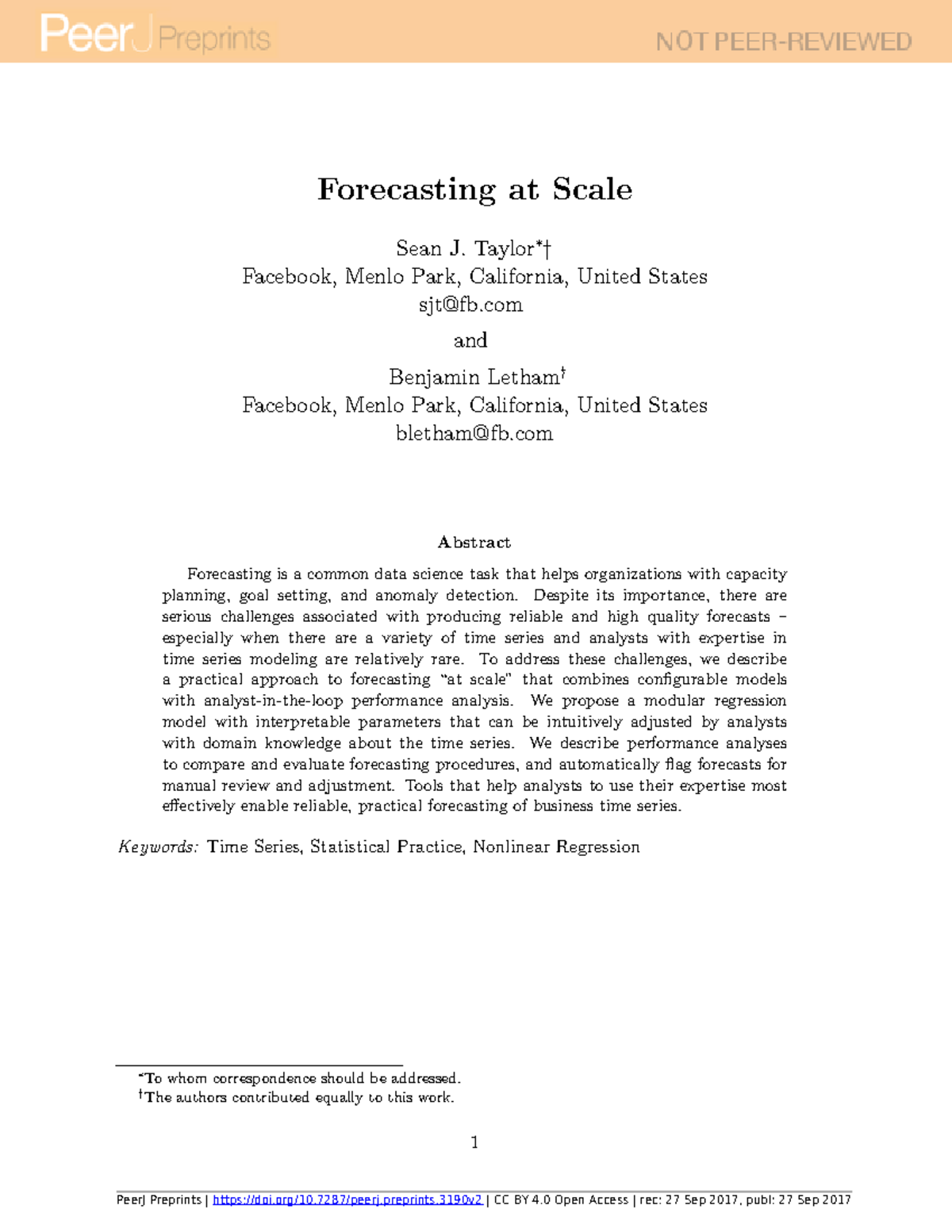 Facebook Prophet algorithm paper - Forecasting at Scale Sean J. Taylor ...