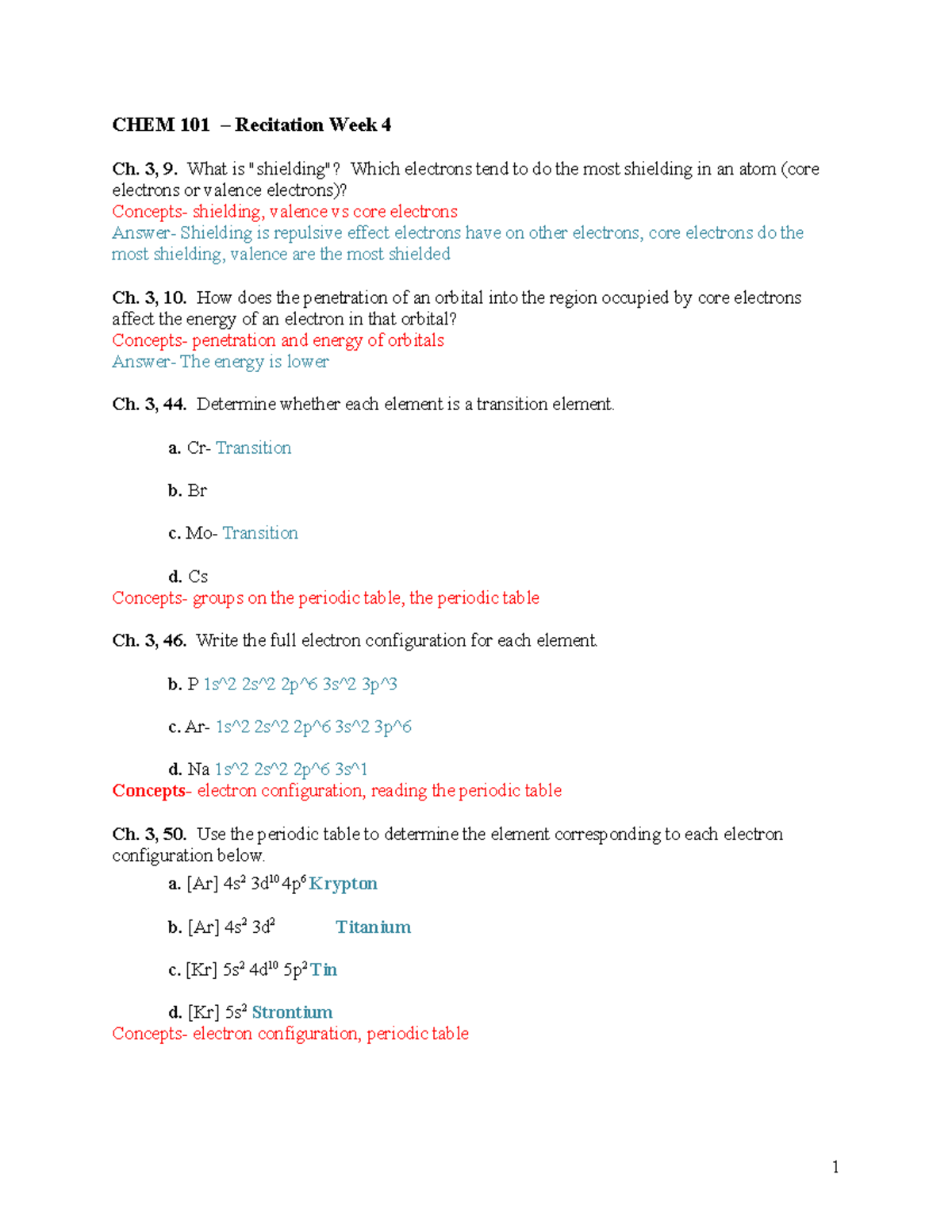 CHEM 101 Recitation Week 4 - CHEM 101 – Recitation Week 4 Ch. 3, 9 ...