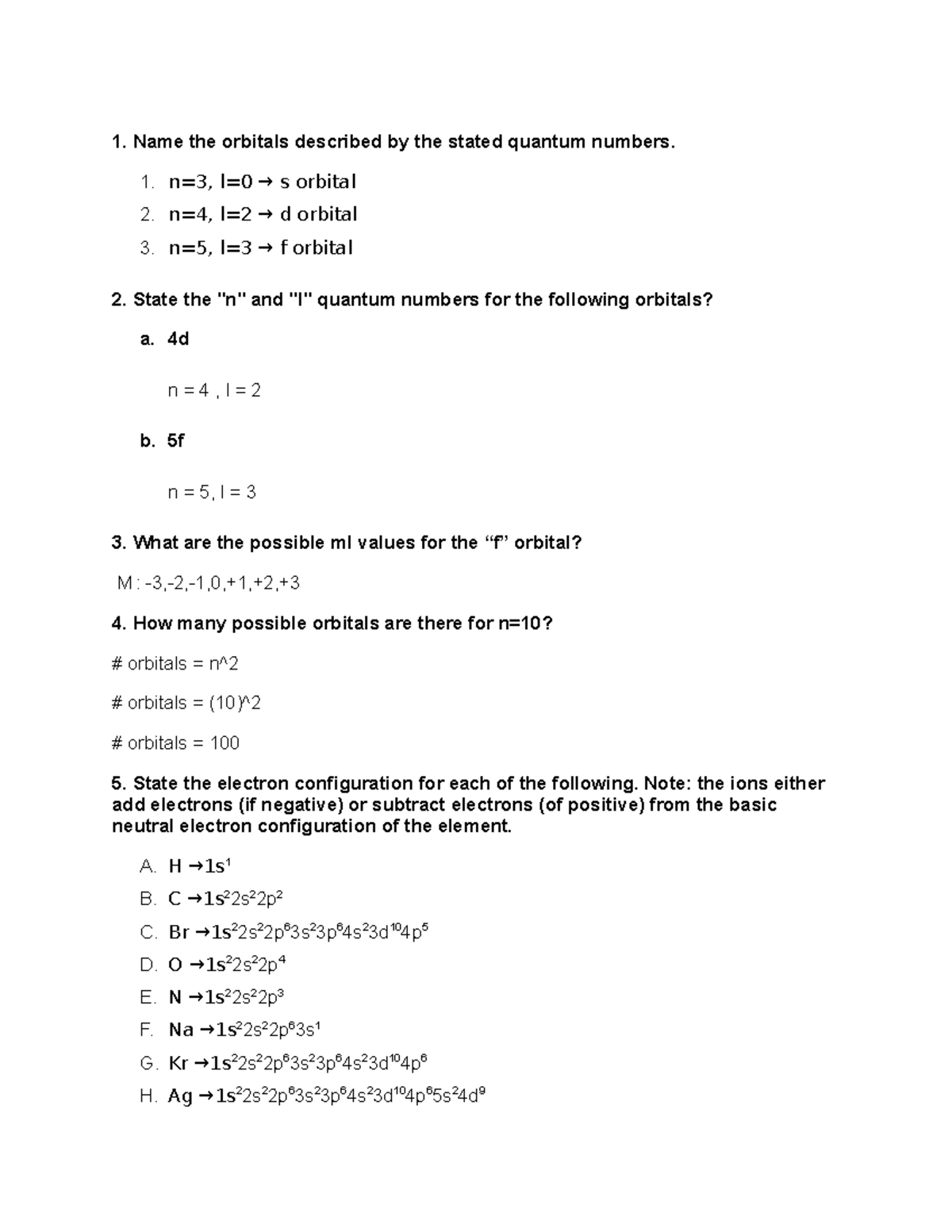 Activity 3 Unit 2 - 1. Name The Orbitals Described By The Stated 