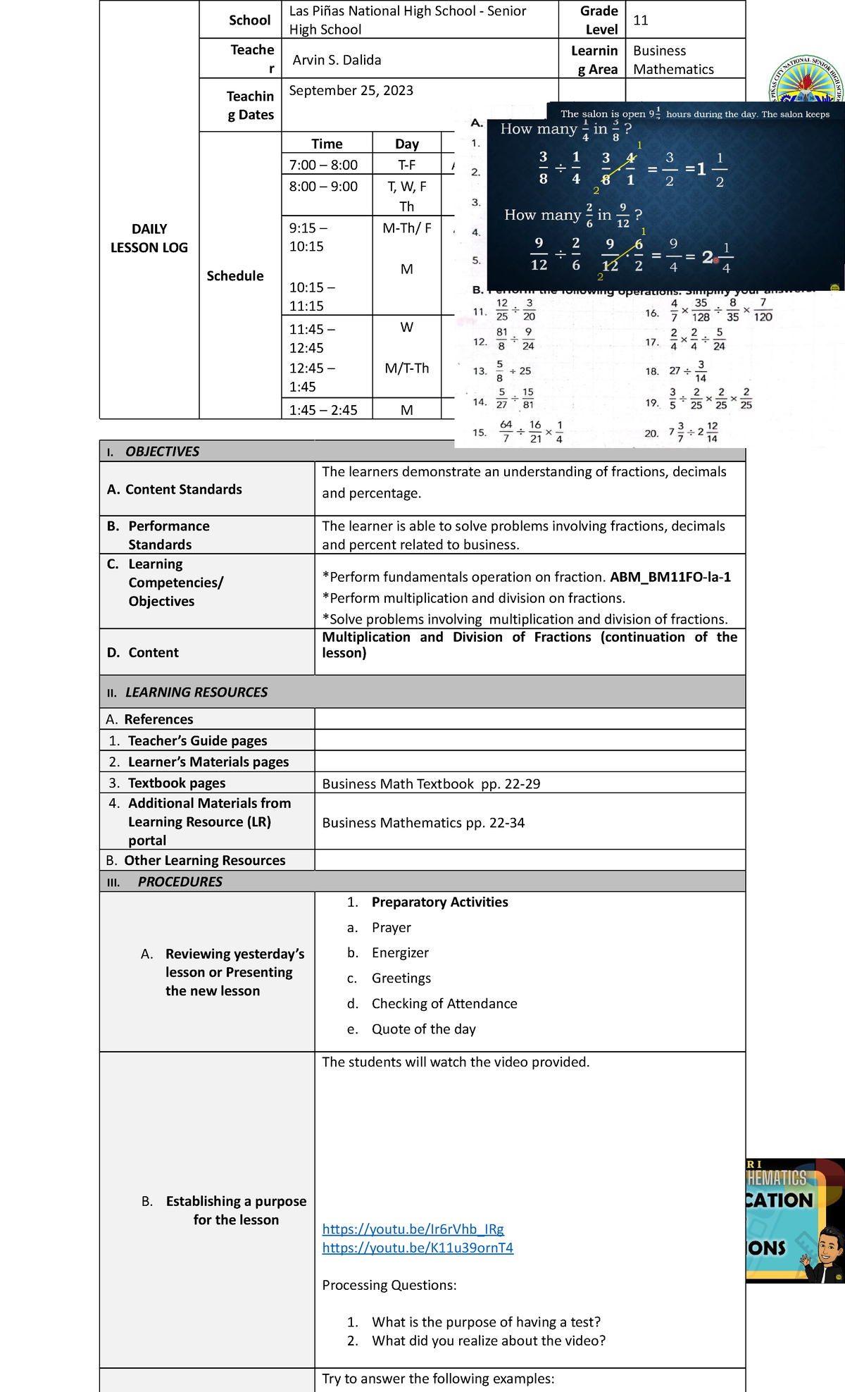 DLL Bus.Math September 25, 2023 Q1 Week 5 - Copy - DAILY LESSON LOG ...