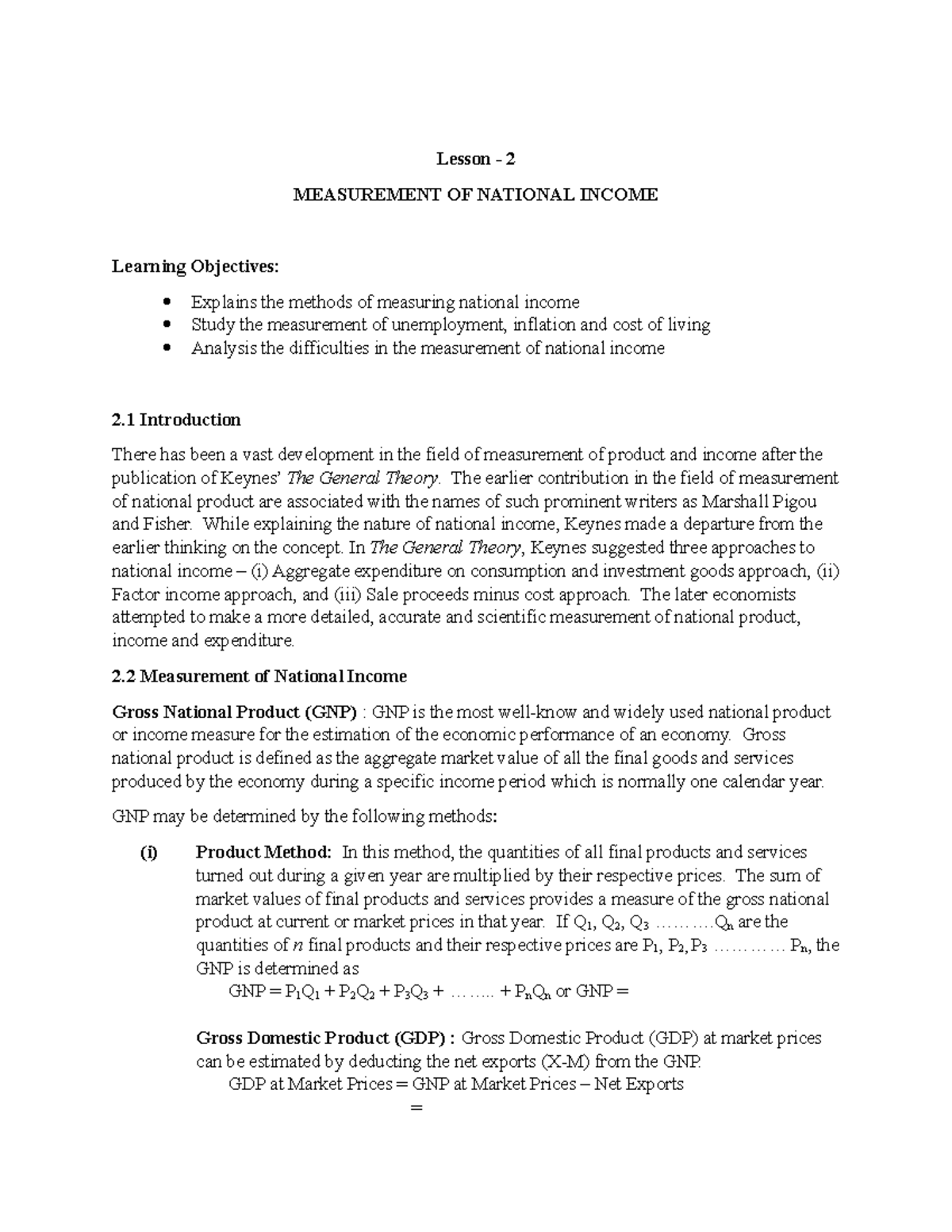Lesson 2 - Lesson - 2 MEASUREMENT OF NATIONAL INCOME Learning ...