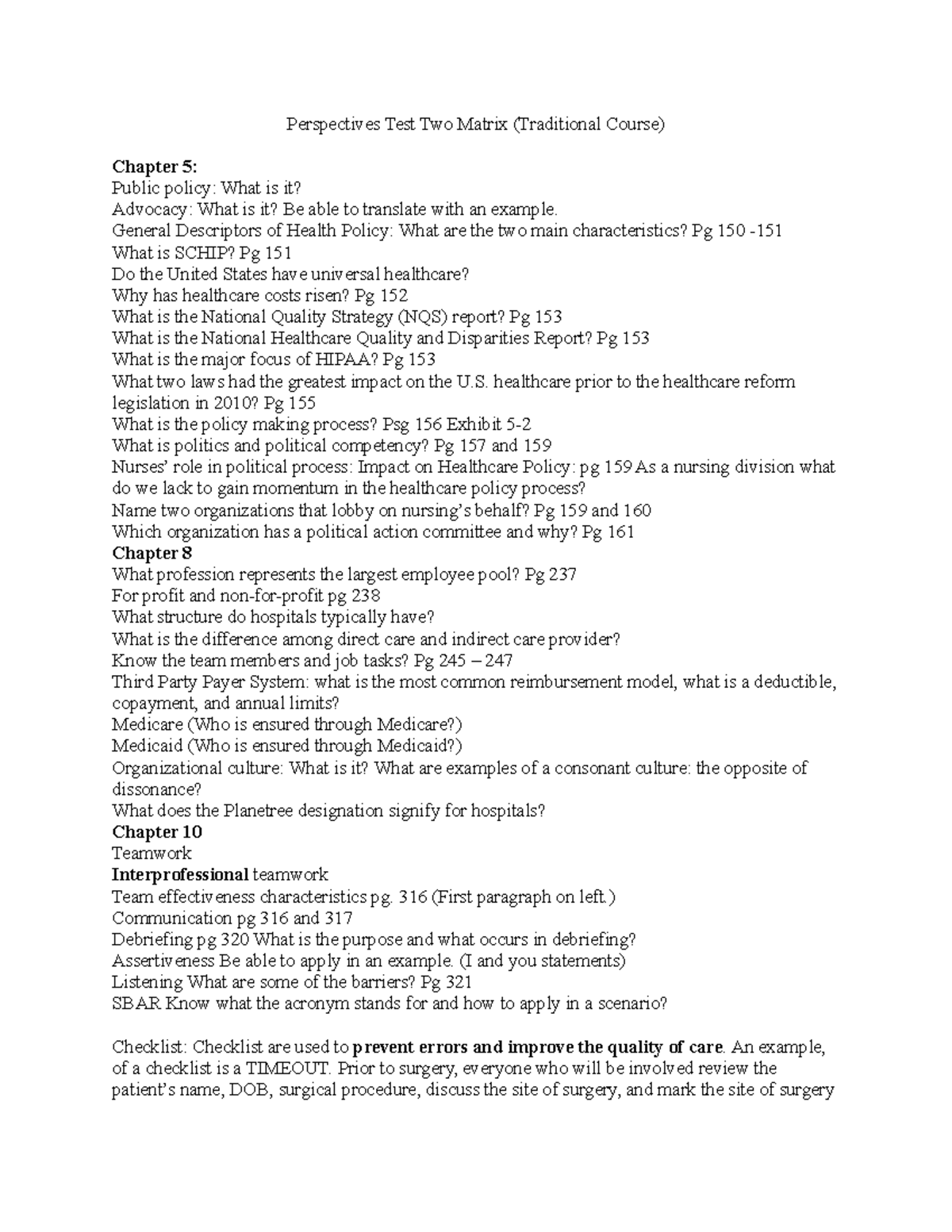 Perspectives Test Two Matrix Traditional Course March 1 2020 - NURS ...