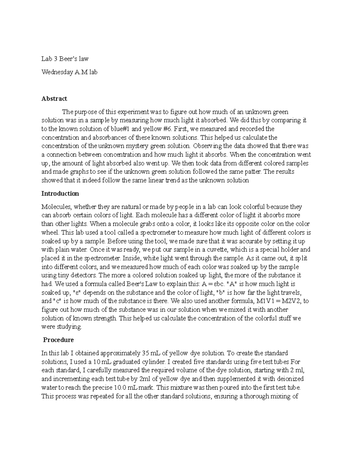 Beers lab Lab 3 Beer’s law Wednesday A lab Abstract The purpose of